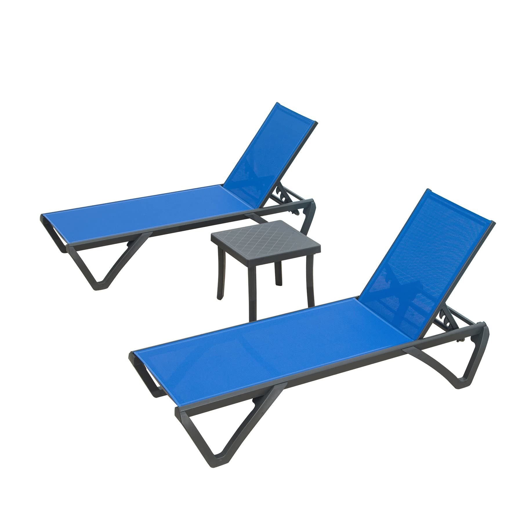 Patio Chaise Lounge Chair Set of 3,Outdoor Aluminum Polypropylene Sunbathing Chair with 5 Adjustable Position,Side Table for Beach,Yard,Balcony,Poolside(Blue, 2 Lounge Chairs+1 Tbale)