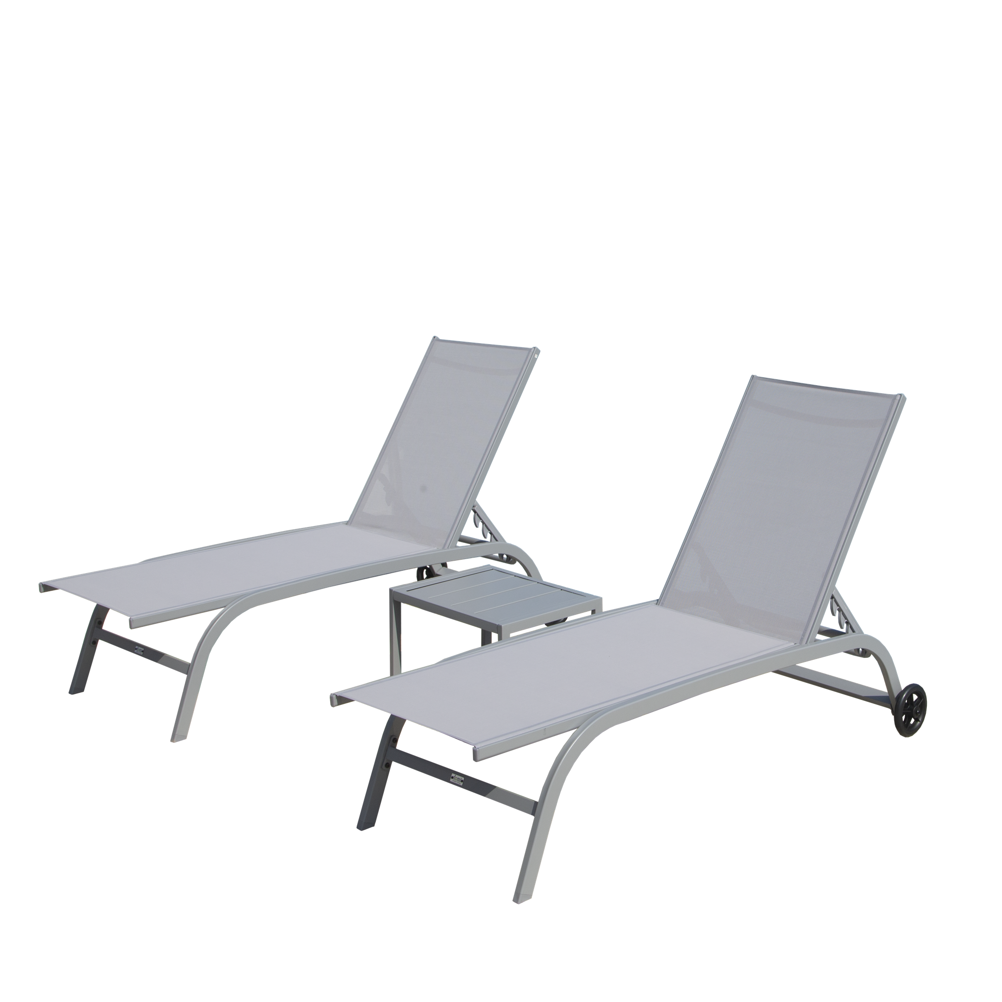 Chaise Lounge Outdoor Set of 3, Lounge Chairs for Outside with Wheels, Outdoor Lounge Chairs with 5 Adjustable Position, Pool Lounge Chairs for Patio, Beach(Grey,2 Lounge Chairs+1 Table)