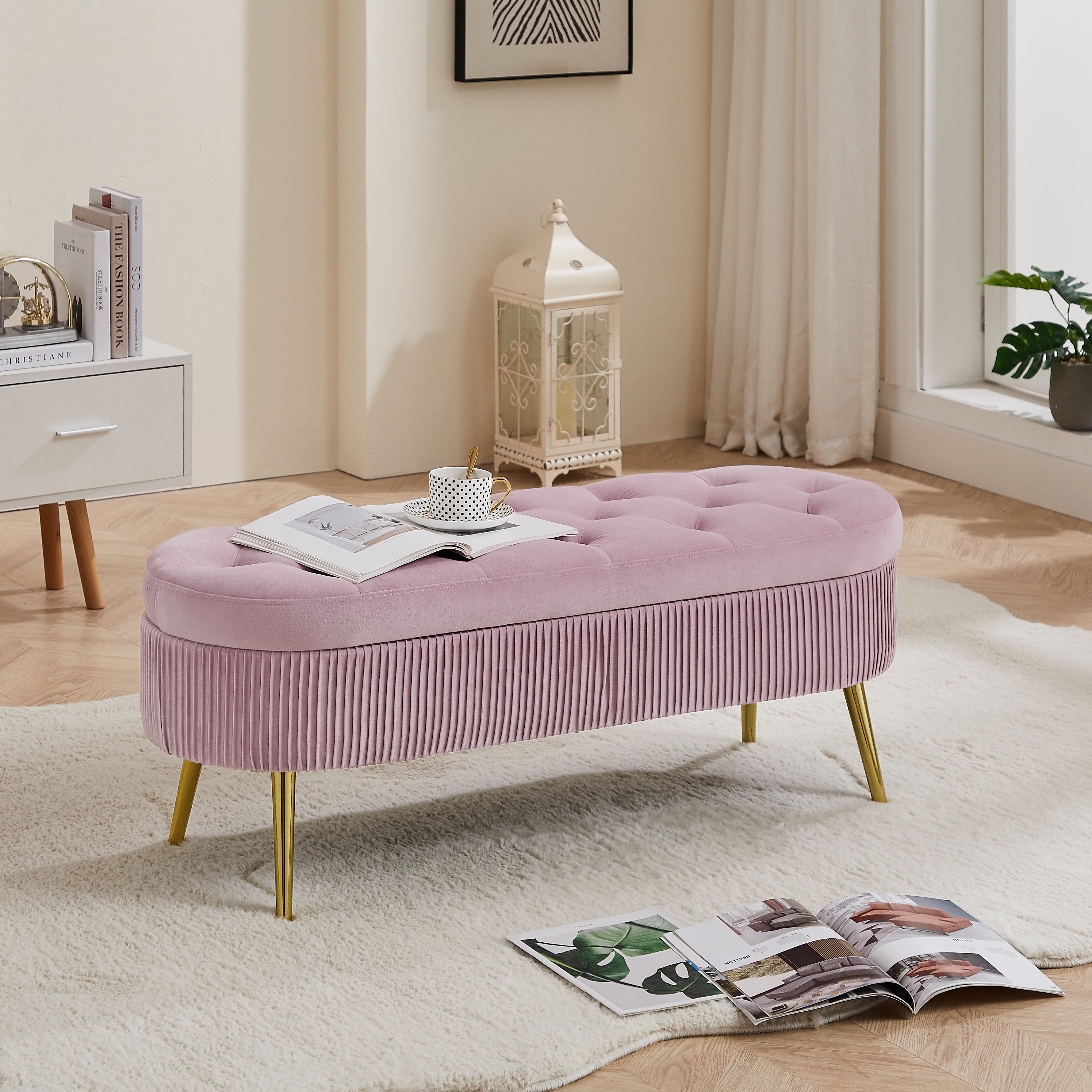 Storage bench velvet suit a bedroom soft mat tufted bench sitting room porch oval footstool The pink