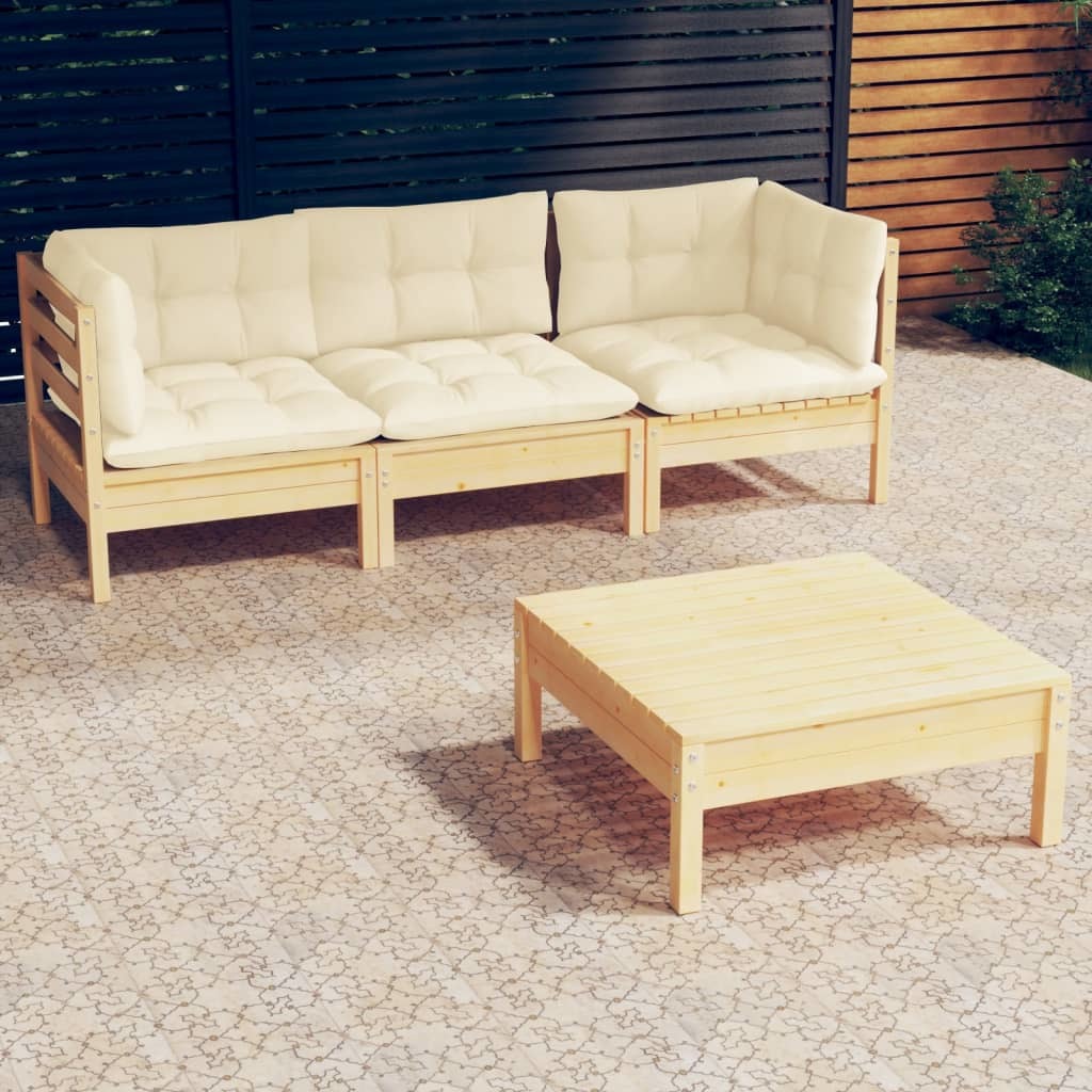 4 Piece Patio Lounge Set with Cream Cushions Pinewood