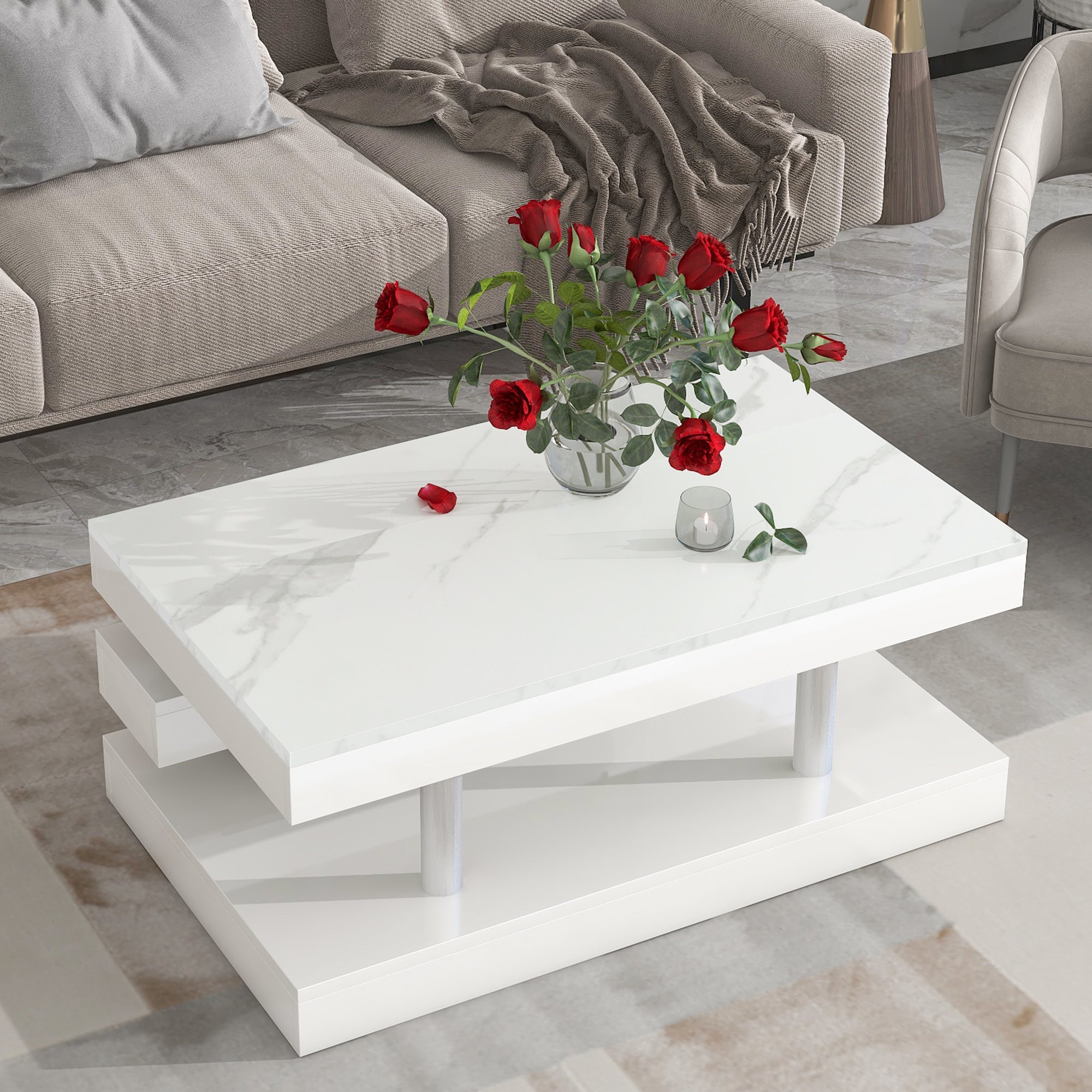 ON-TREND Modern 2-Tier Coffee Table with Silver Metal Legs, Rectangle Cocktail Table with High-gloss UV Surface, Minimalist Design Center Table for Li