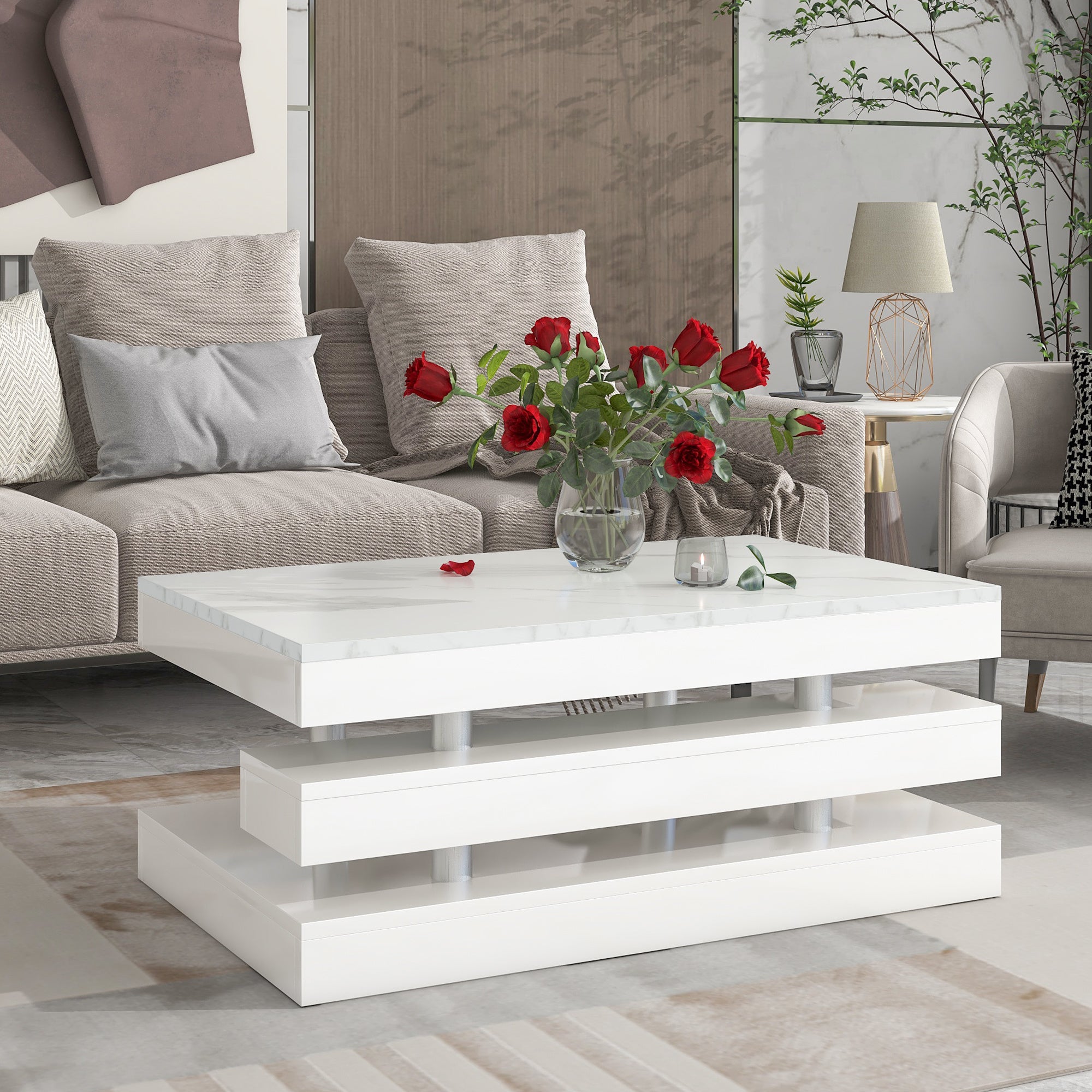 ON-TREND Modern 2-Tier Coffee Table with Silver Metal Legs, Rectangle Cocktail Table with High-gloss UV Surface, Minimalist Design Center Table for Li