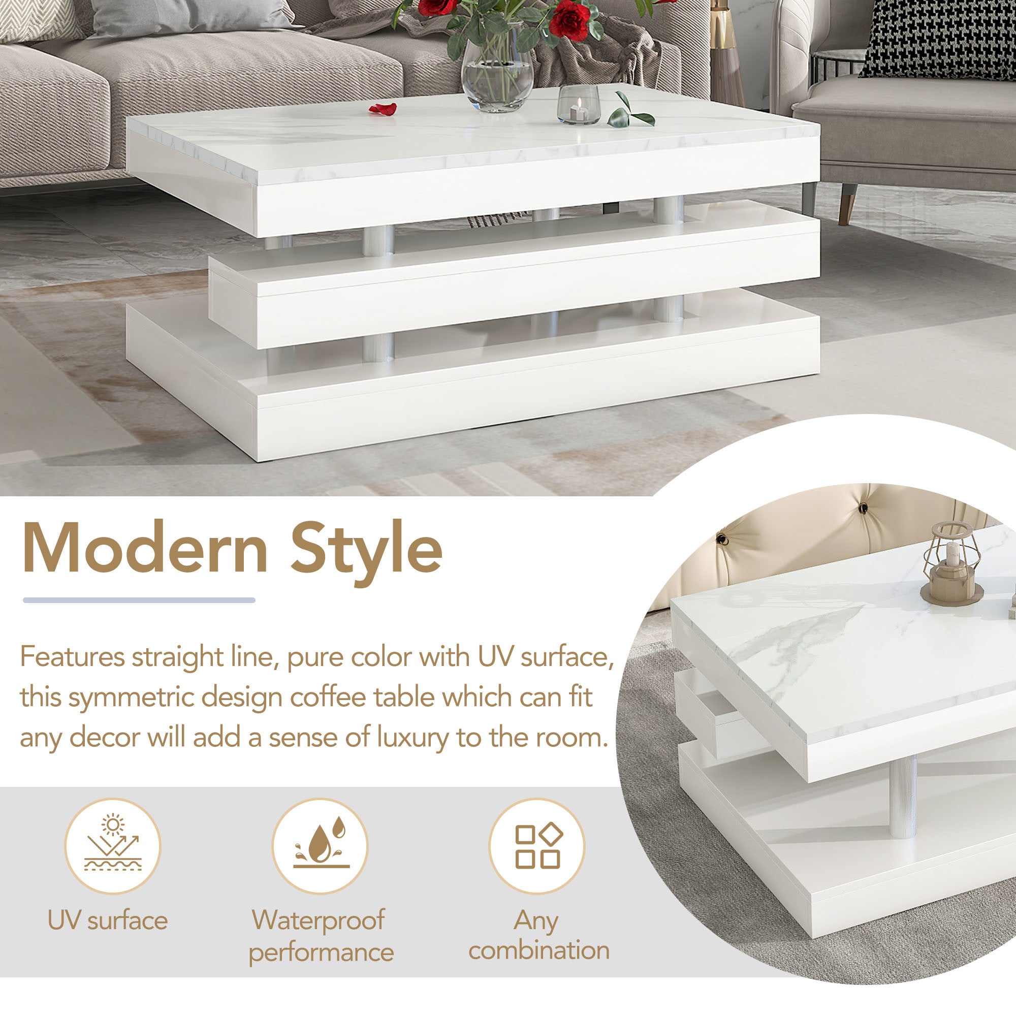 ON-TREND Modern 2-Tier Coffee Table with Silver Metal Legs, Rectangle Cocktail Table with High-gloss UV Surface, Minimalist Design Center Table for Li