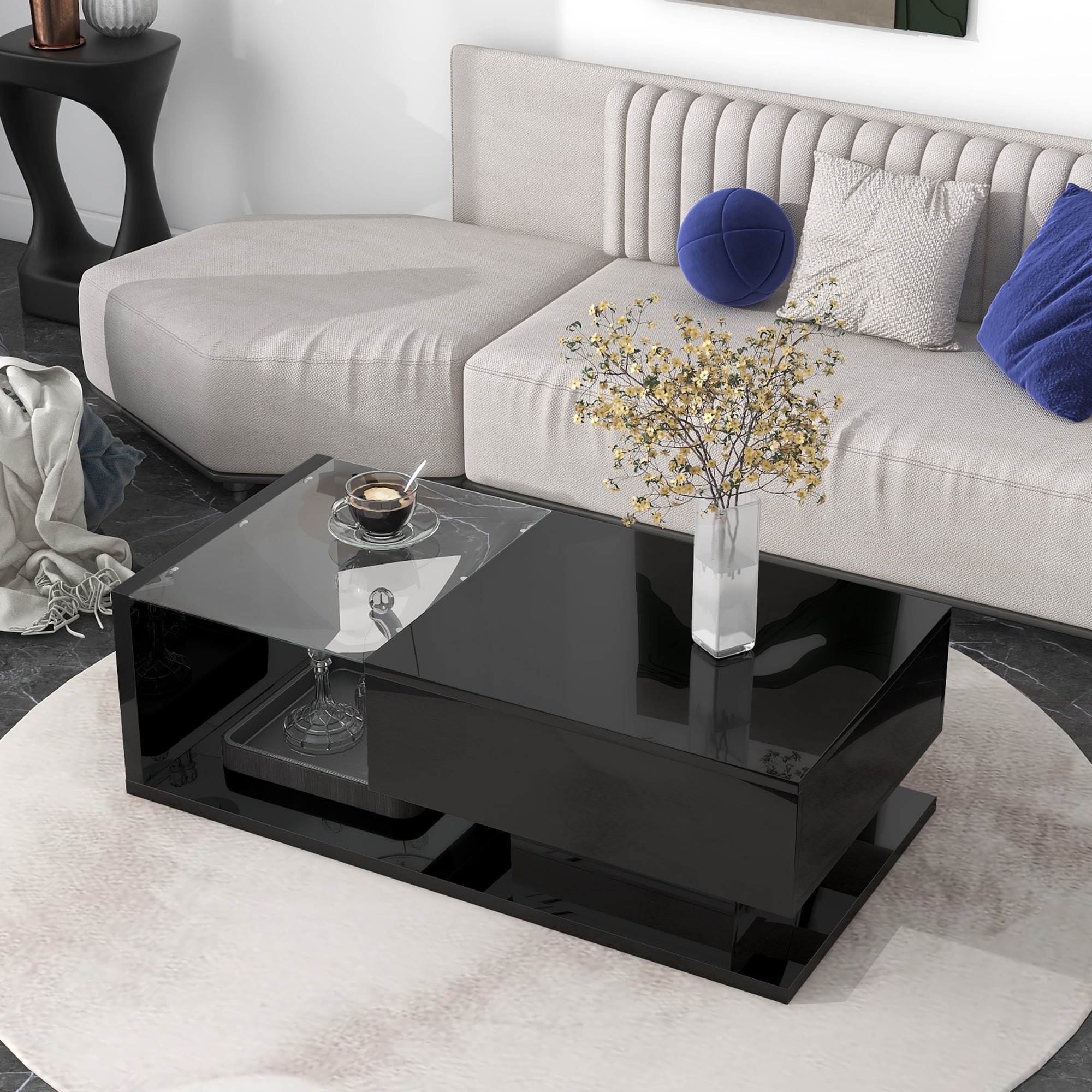 ON-TREND Modern Coffee Table with Tempered Glass, Wooden Cocktail Table with High-gloss UV Surface, Modernist 2-Tier Rectangle Center Table for Living