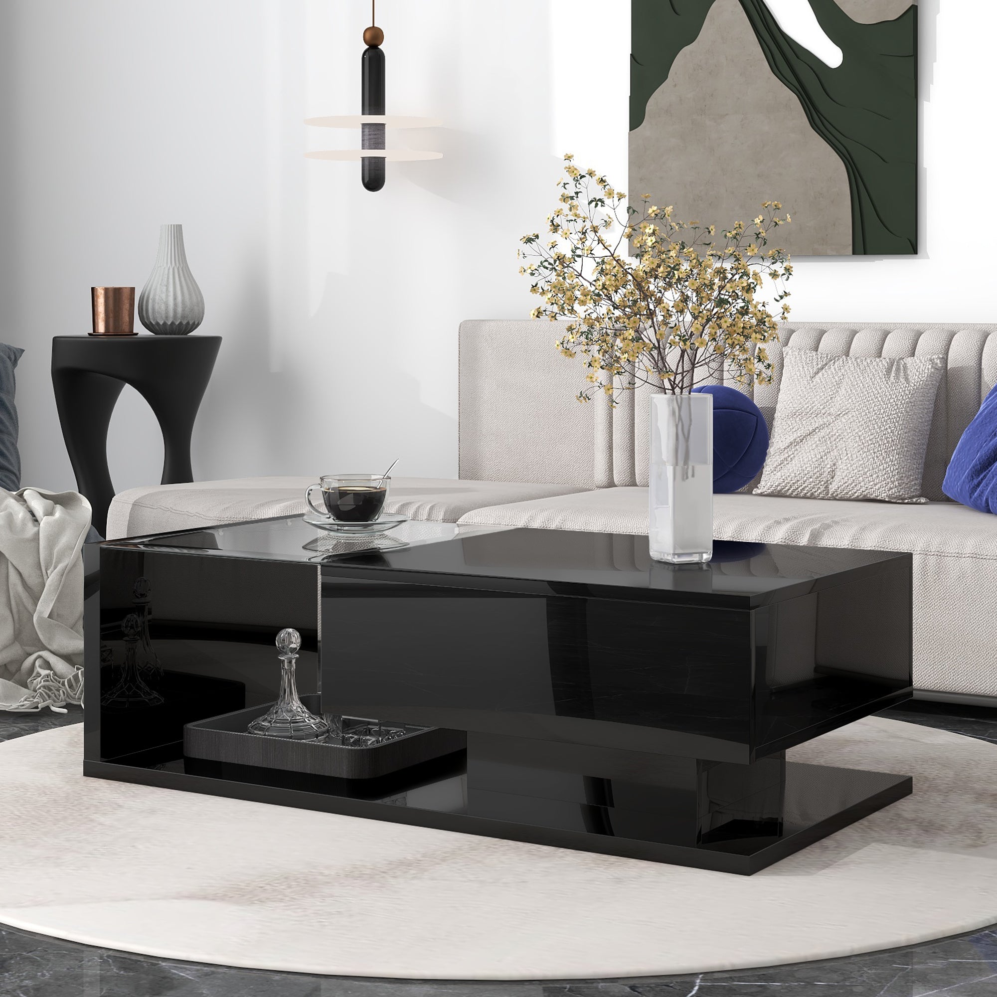 ON-TREND Modern Coffee Table with Tempered Glass, Wooden Cocktail Table with High-gloss UV Surface, Modernist 2-Tier Rectangle Center Table for Living