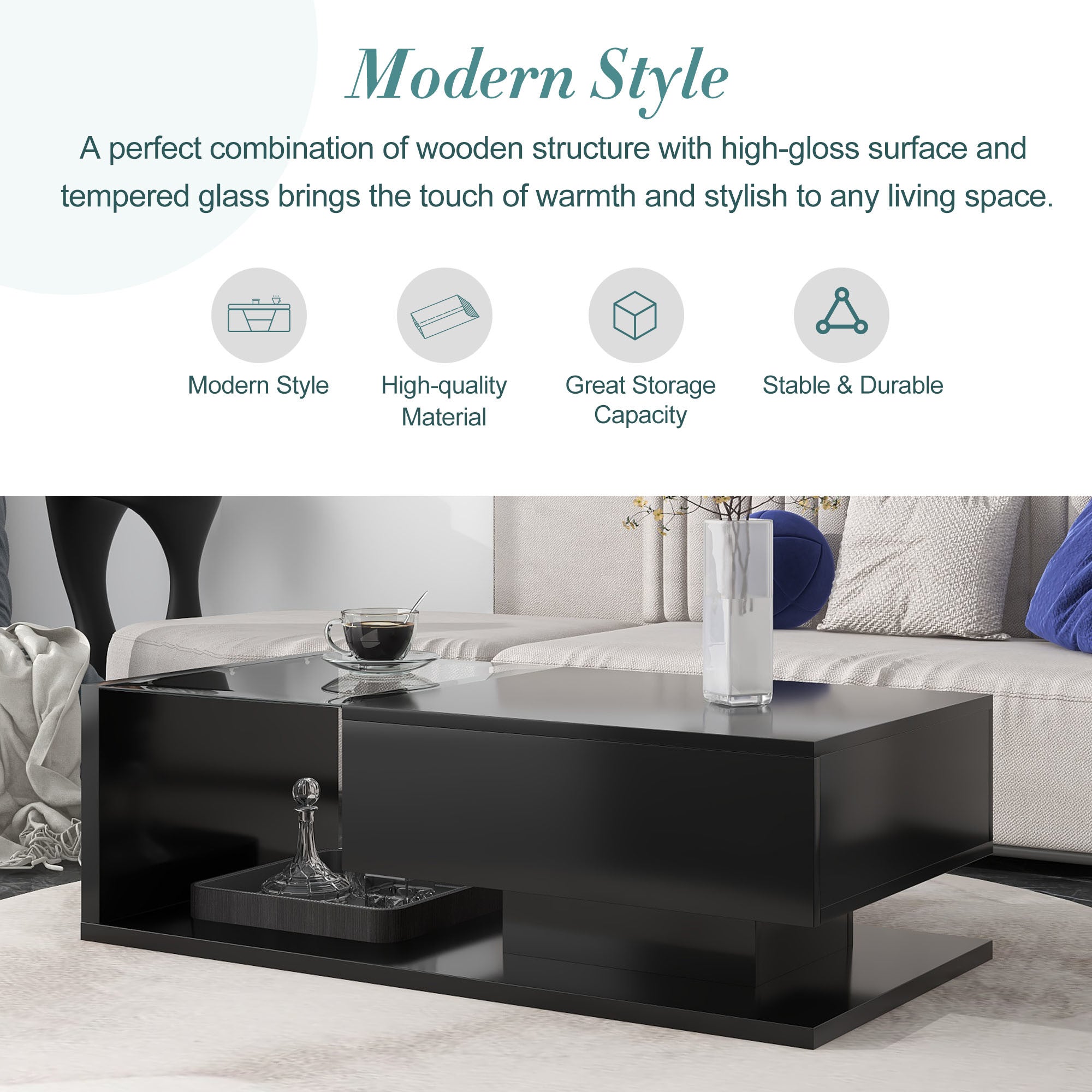 ON-TREND Modern Coffee Table with Tempered Glass, Wooden Cocktail Table with High-gloss UV Surface, Modernist 2-Tier Rectangle Center Table for Living