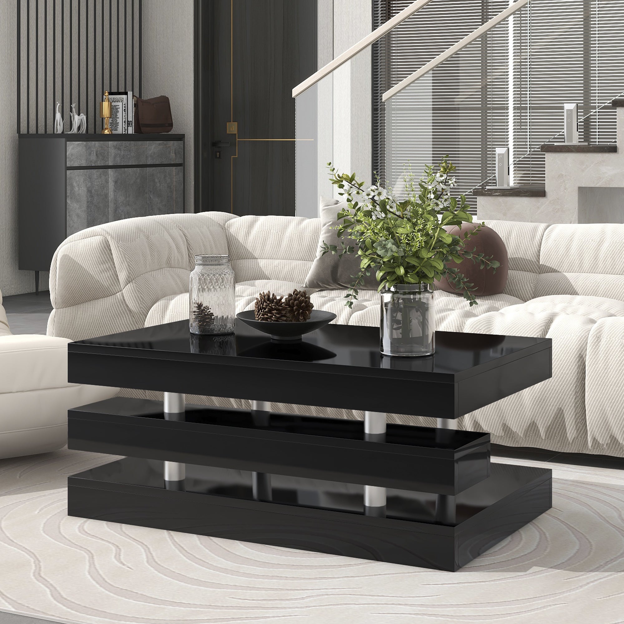 ON-TREND Modern 2-Tier Coffee Table with Silver Metal Legs, Rectangle Cocktail Table with High-gloss UV Surface, Minimalist Design Center Table for Li