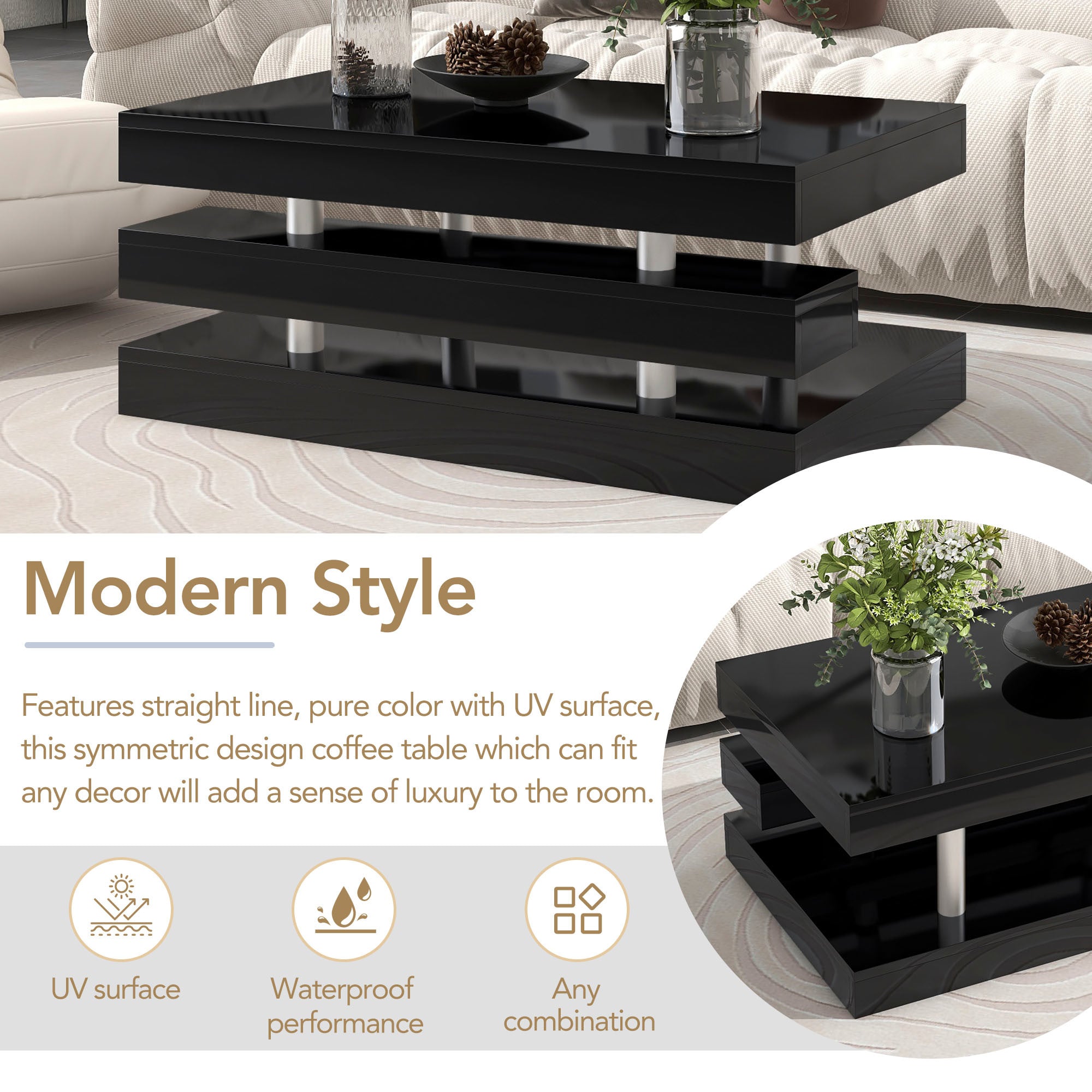 ON-TREND Modern 2-Tier Coffee Table with Silver Metal Legs, Rectangle Cocktail Table with High-gloss UV Surface, Minimalist Design Center Table for Li