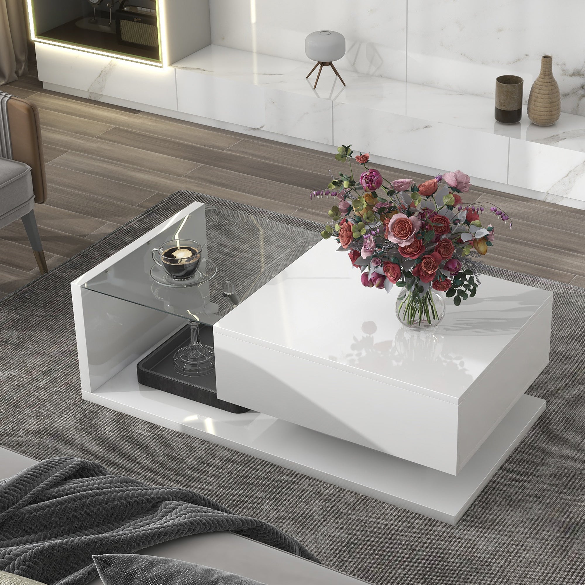 ON-TREND Modern Coffee Table with Tempered Glass, Wooden Cocktail Table with High-gloss UV Surface, Modernist 2-Tier Rectangle Center Table for Living