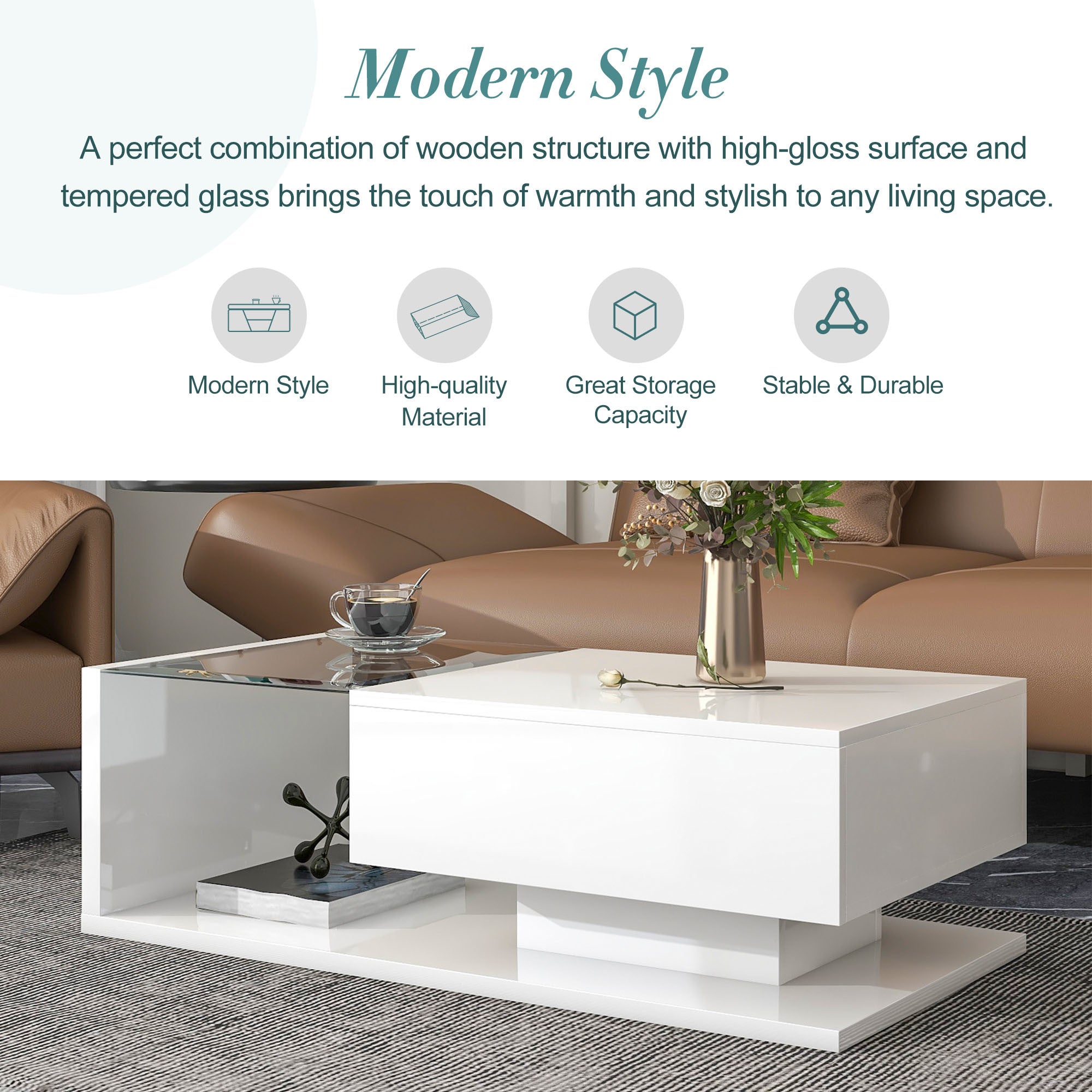 ON-TREND Modern Coffee Table with Tempered Glass, Wooden Cocktail Table with High-gloss UV Surface, Modernist 2-Tier Rectangle Center Table for Living