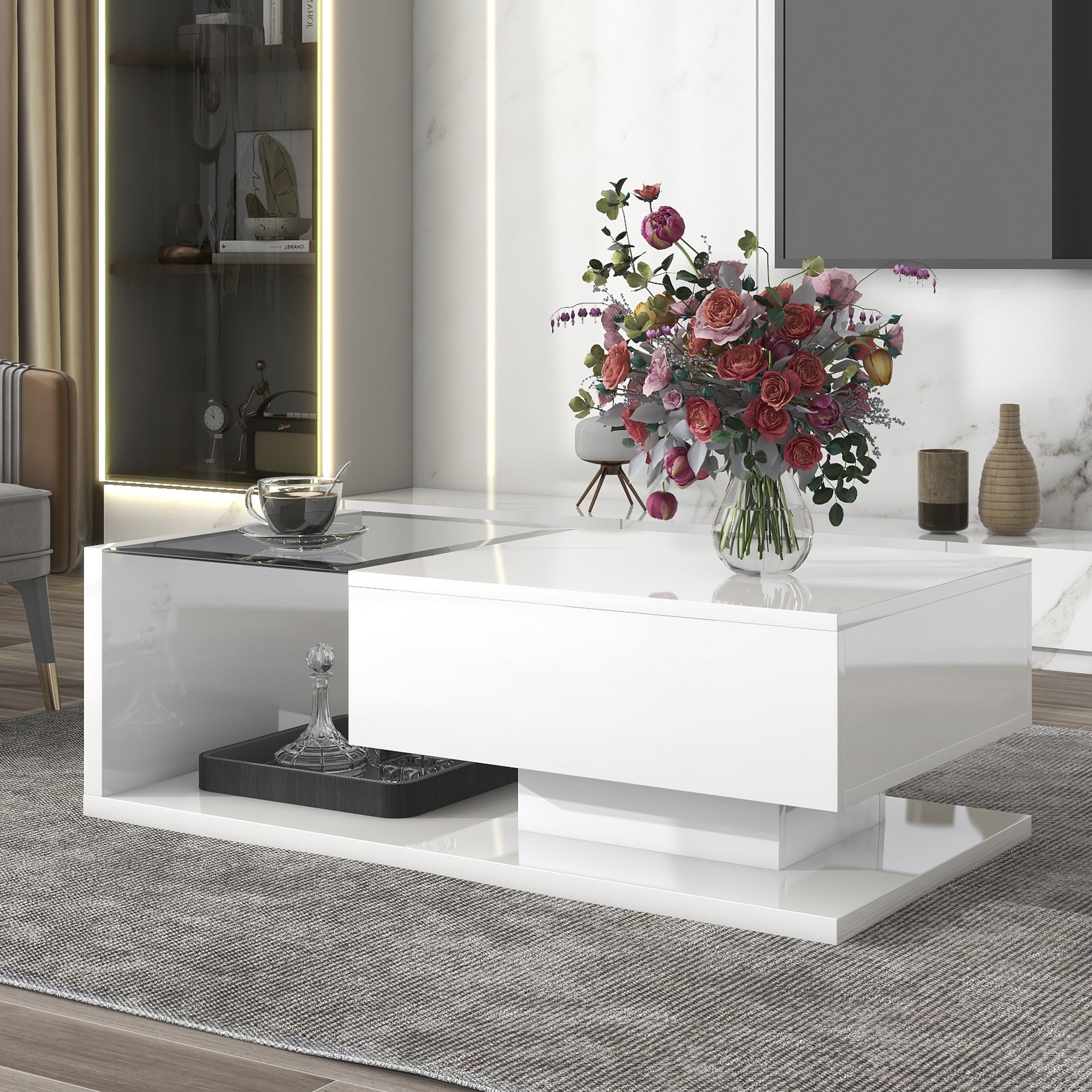 ON-TREND Modern Coffee Table with Tempered Glass, Wooden Cocktail Table with High-gloss UV Surface, Modernist 2-Tier Rectangle Center Table for Living