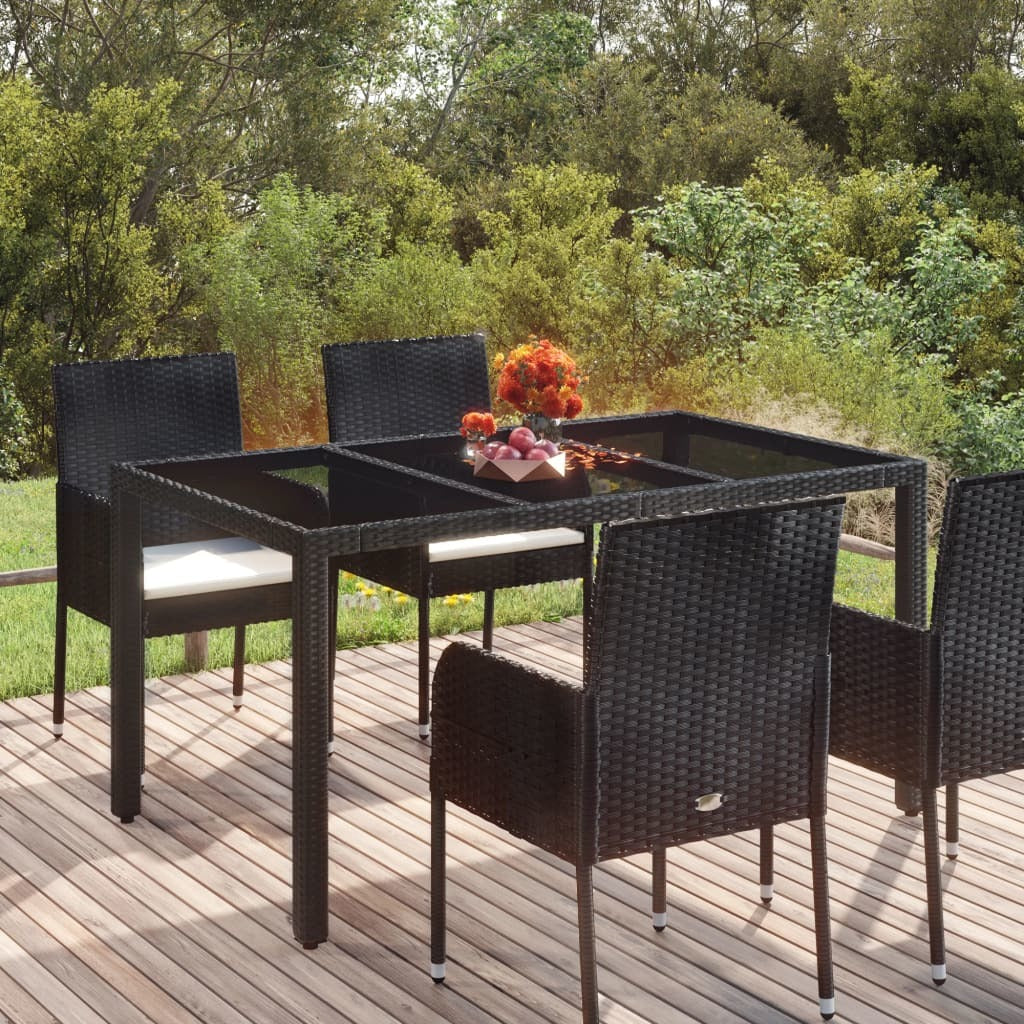 Patio Table with Glass Top Black 59.1"x35.4"x29.5" Poly Rattan