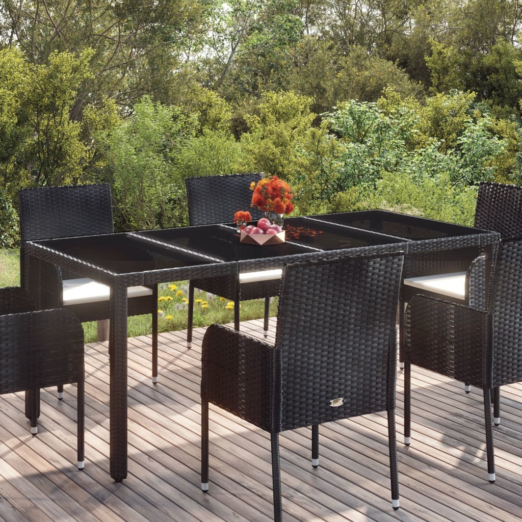 Patio Table with Glass Top Black 74.8"x35.4"x29.5" Poly Rattan