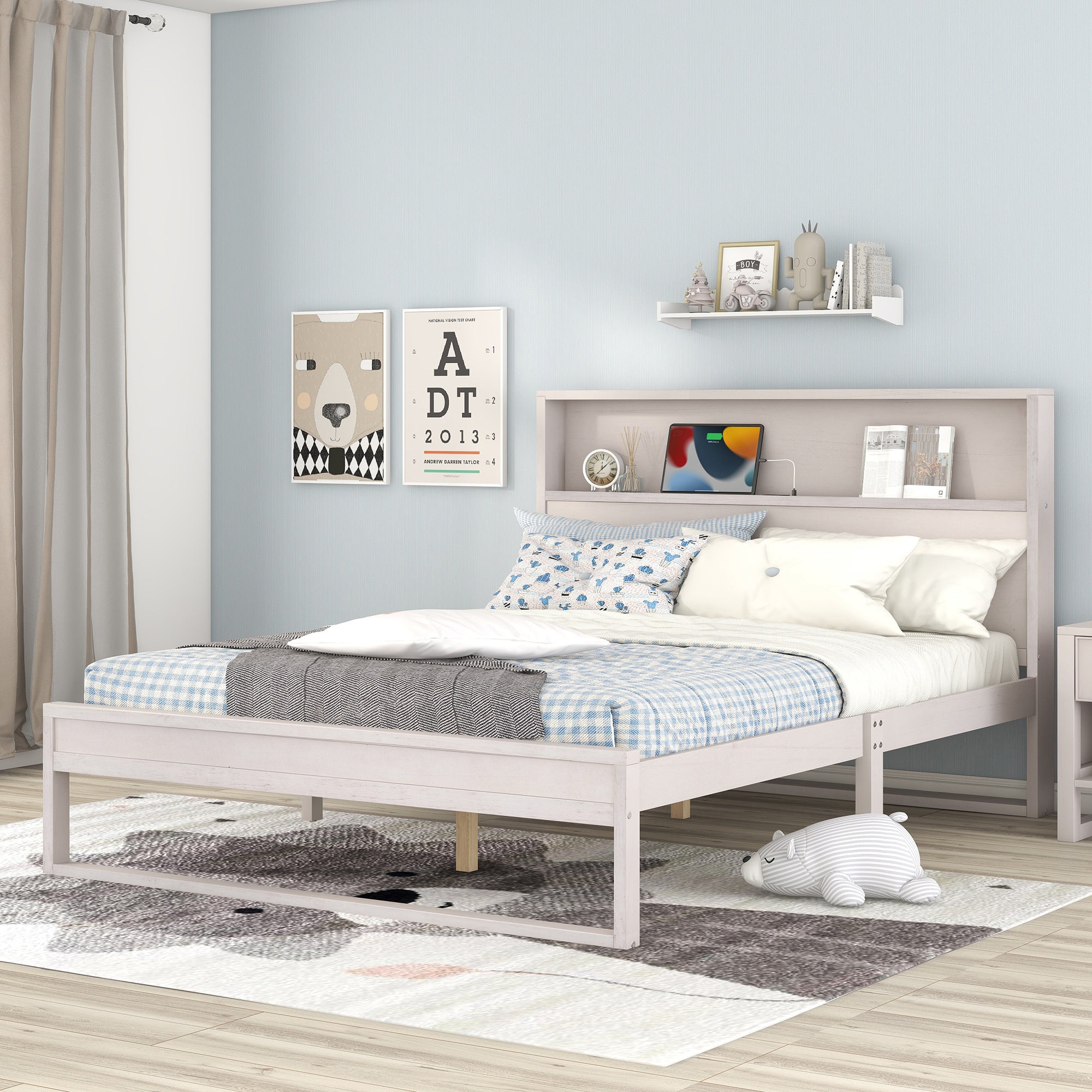 Platform Bed with Storage Headboard,Sockets and USB Ports,Queen Size Platform Bed,Antique White