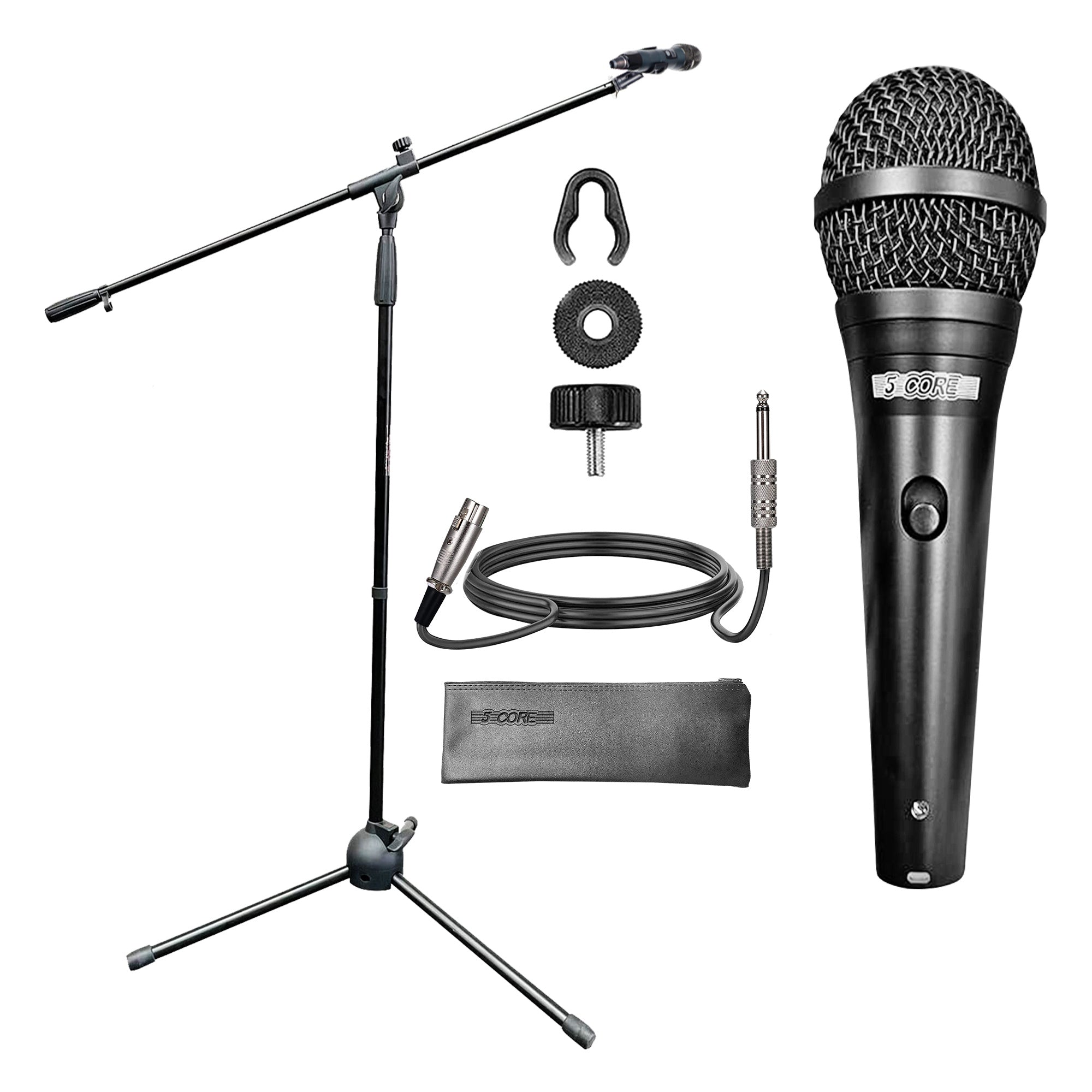 5 Core Handheld Dynamic Microphone with Tripod Mic Stand - Stage Performance Kit, Unidirectional Vocal Wired High-End Metal Mic w/Carry Bag Clip & 16ft XLR - Perfect for Onstage Karaoke - MS 080+ND58