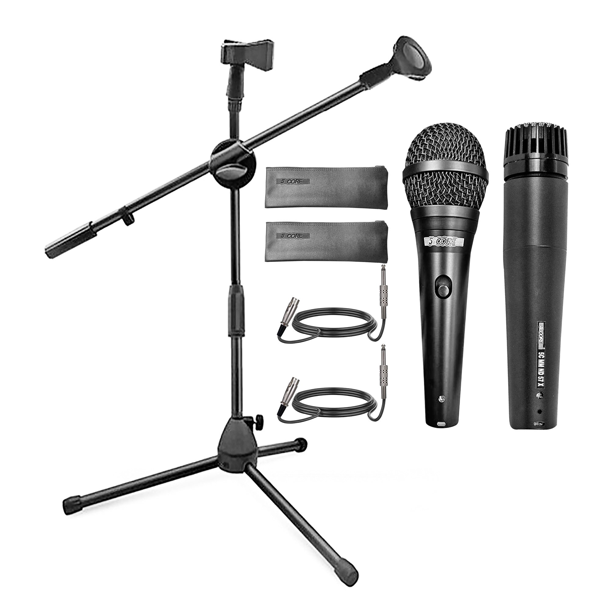 5 Core Handheld Dynamic Microphone with Tripod Mic Stand Short - Stage Performance Kit, Pair Unidirectional Vocal Metal Mic w/ 2 x Carry Bag, Holder/Clip & 16ft XLR - Perfect for Onstage Black