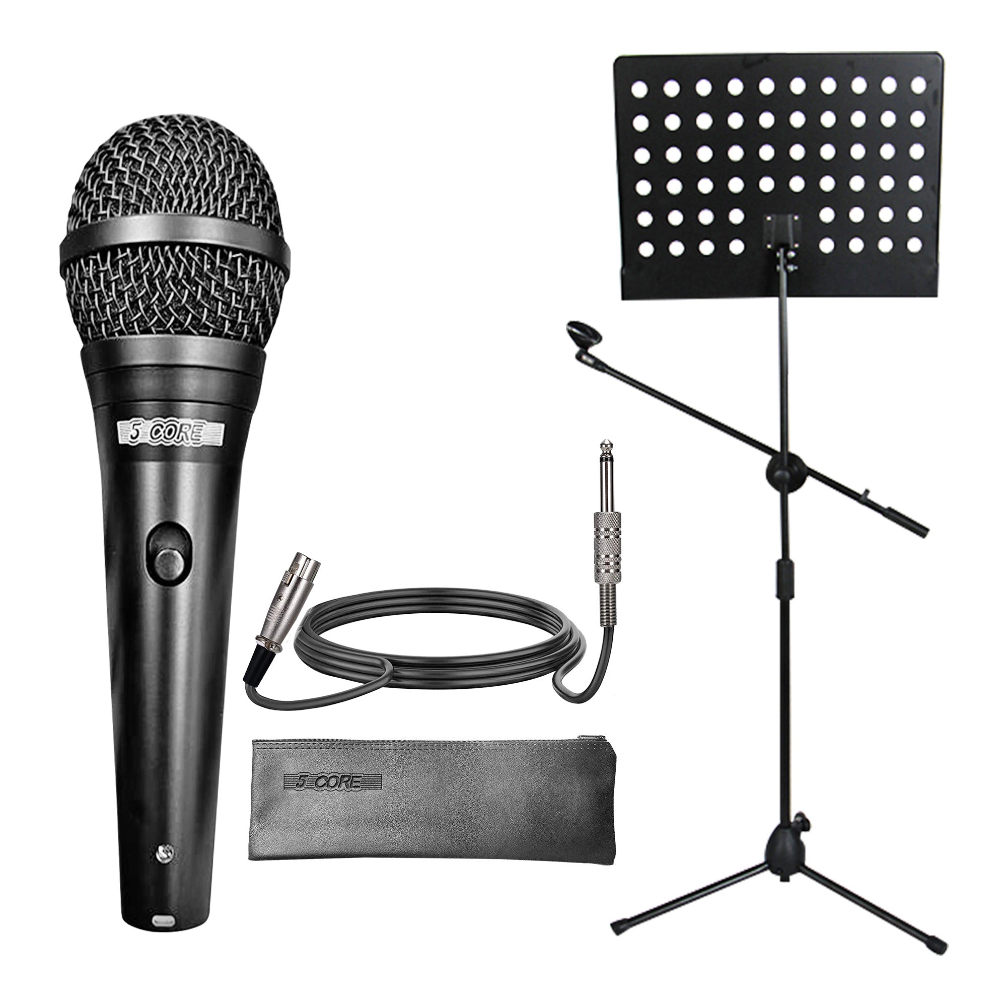 5 Core Music Stand with Handheld Dynamic Mic Combo 2-IN-1 Professional Portable Sheet Music Stand Detachable Microphone Holder 21.6-63 Inch Adjustable Super Sturdy Heavy Duty Carry Bag Clip & 16ft XLR