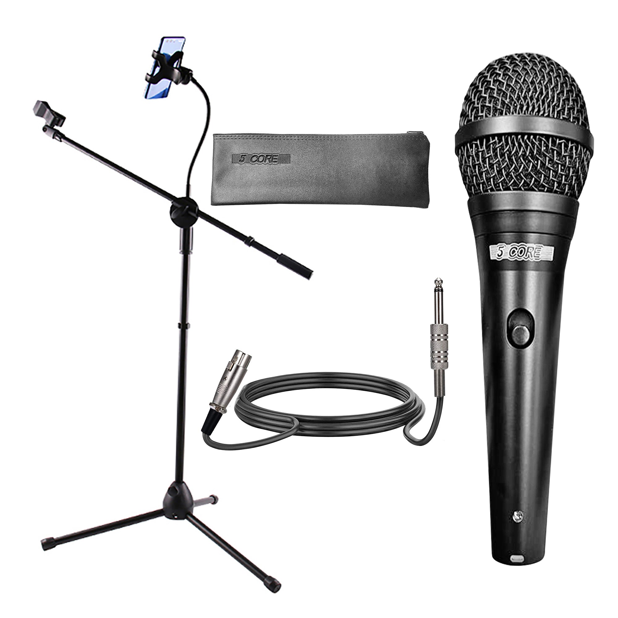 5 Core Mic Stand Combo Tripod Stand with Tablet Phone Holder Premium Vocal Dynamic Microphone Includes Cable and Carry Bag Mic Holder MS MOB+ND58