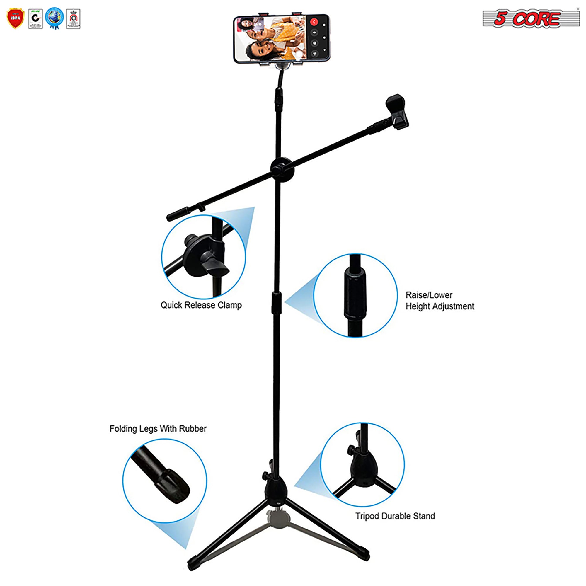 5 Core Mic Stand Combo Tripod Stand with Tablet Phone Holder Premium Vocal Dynamic Microphone Includes Cable and Carry Bag Mic Holder MS MOB+ND58