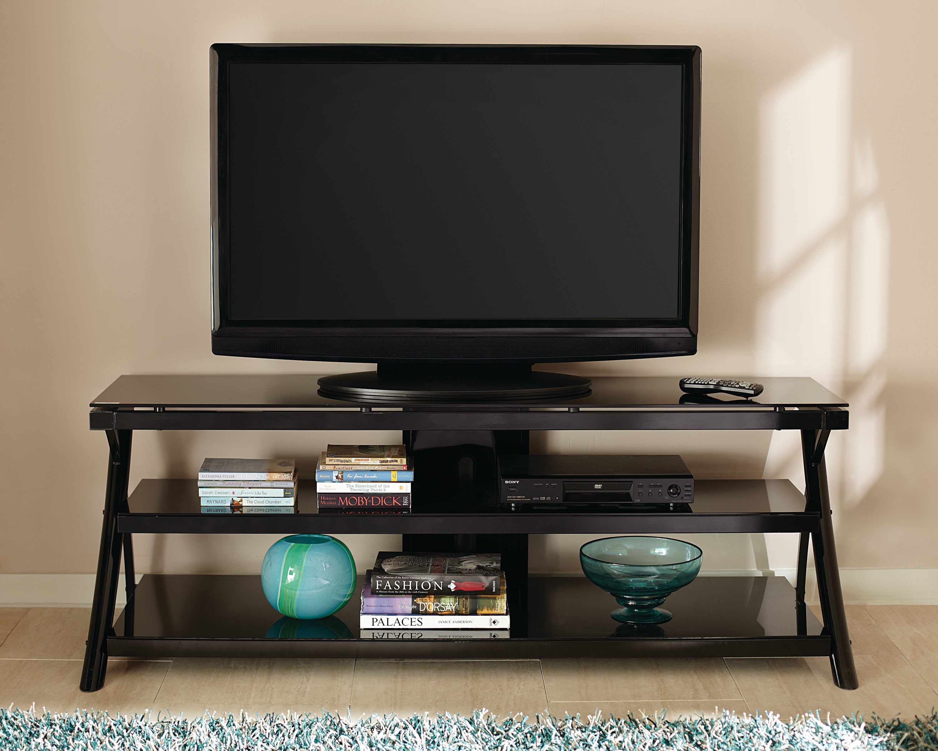 Modern TV Stand - Ultra Sleek Design, Smart Cord Management - Black Finish, Smoked Glass Shelves, Powder-Coated Metal Legs