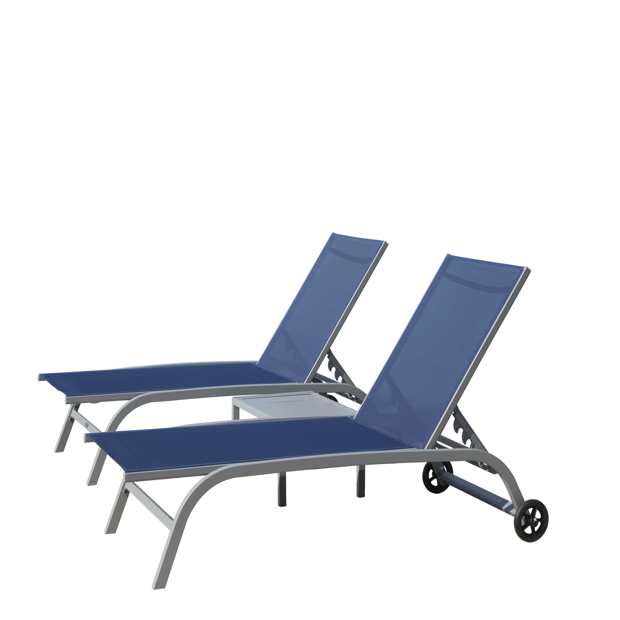 Chaise Lounge Outdoor Set of 3, Lounge Chairs for Outside with Wheels, Outdoor Lounge Chairs with 5 Adjustable Position, Pool Lounge Chairs for Patio, Beach(Blue, 2 Lounge Chairs+1 Table)