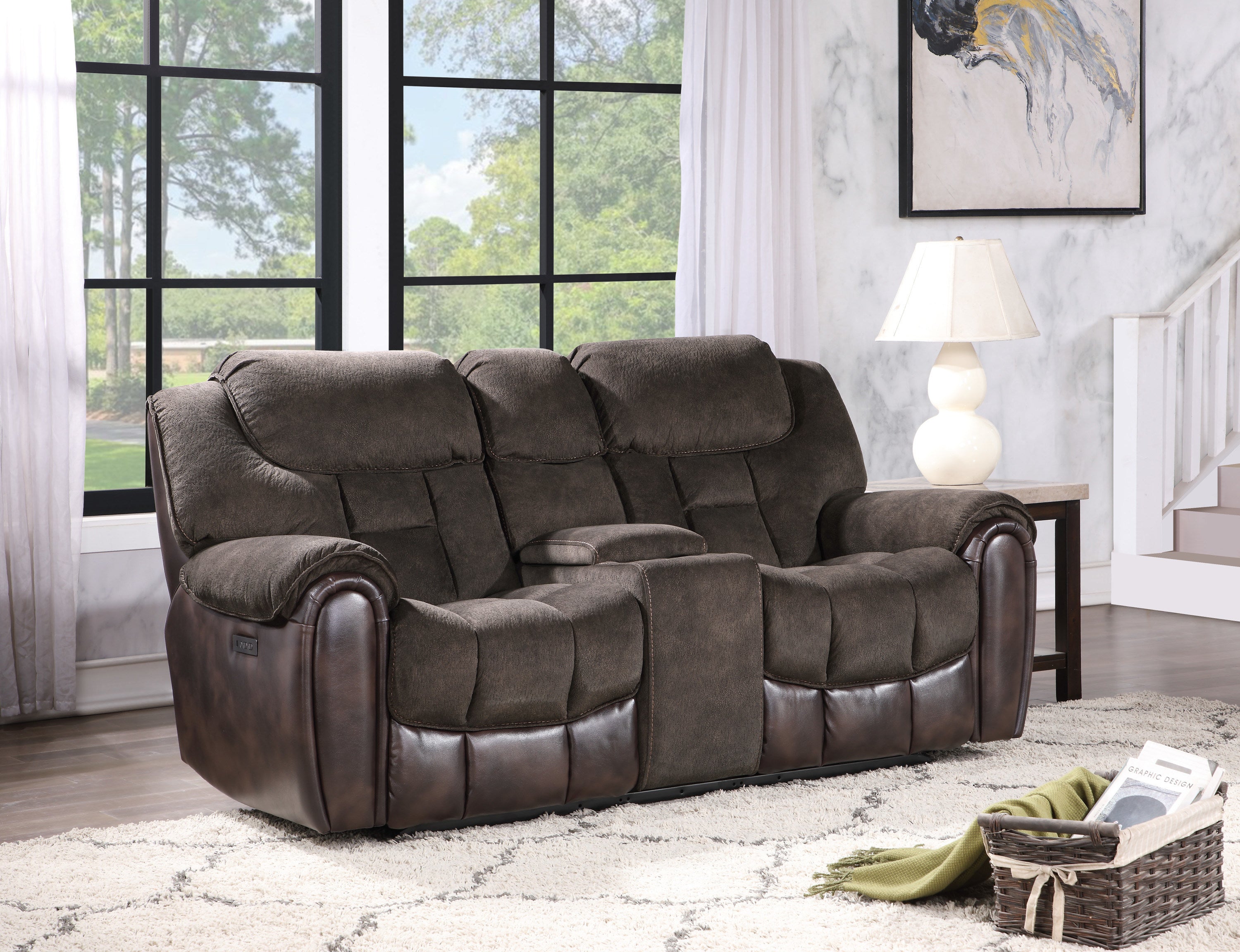 Easy-care Loveseat with Pleated Back - Ultra-Plush Fabric, Leatherette - Multi-Function Drop-Down Console, Pop-Up Charging Station - Complete 3-Piece Set