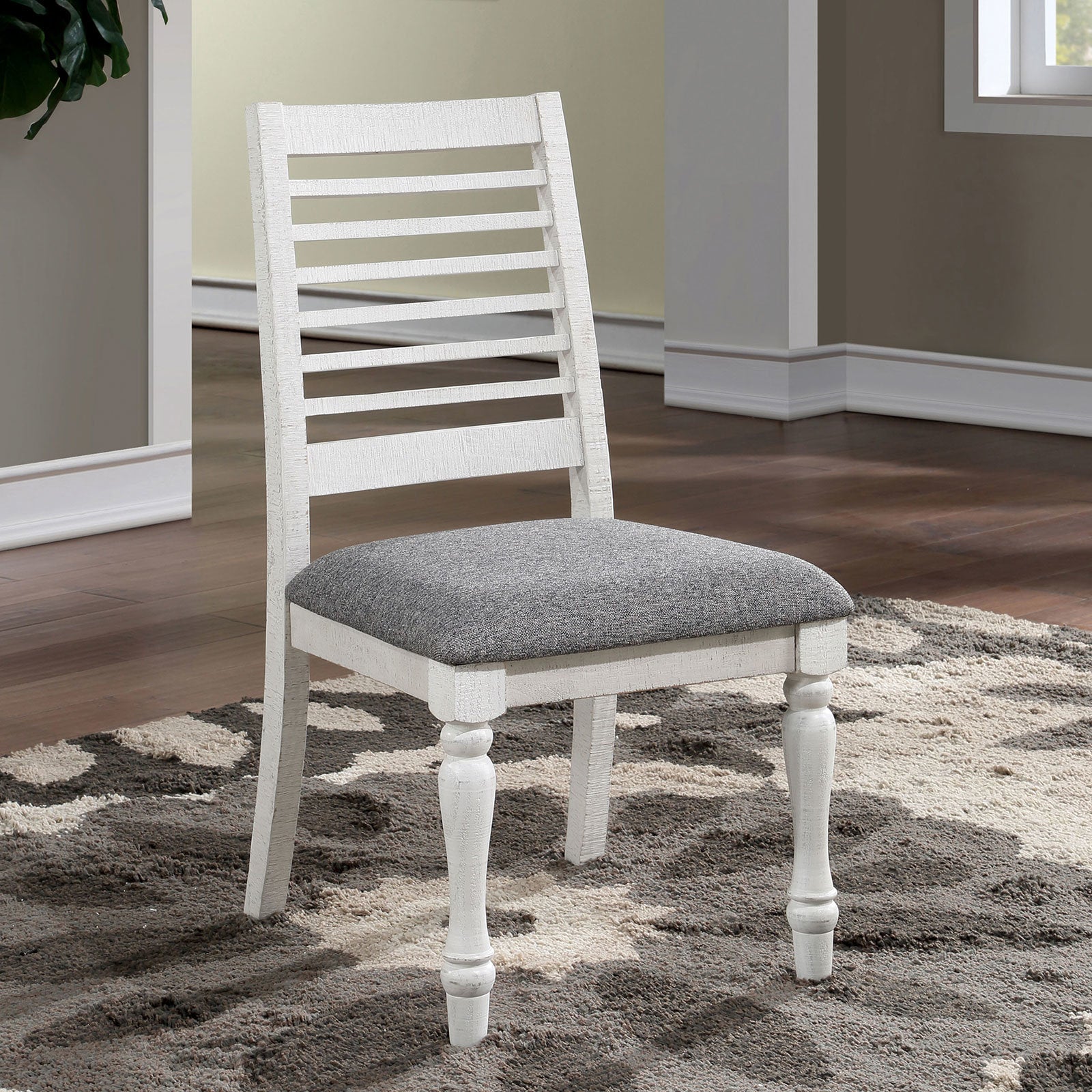 Majestic Rustic 2pc Dining Chairs Only Antique White Solid wood Gray Fabric Cushions Two-tone Turned Legs Chair Dining Room Furniture