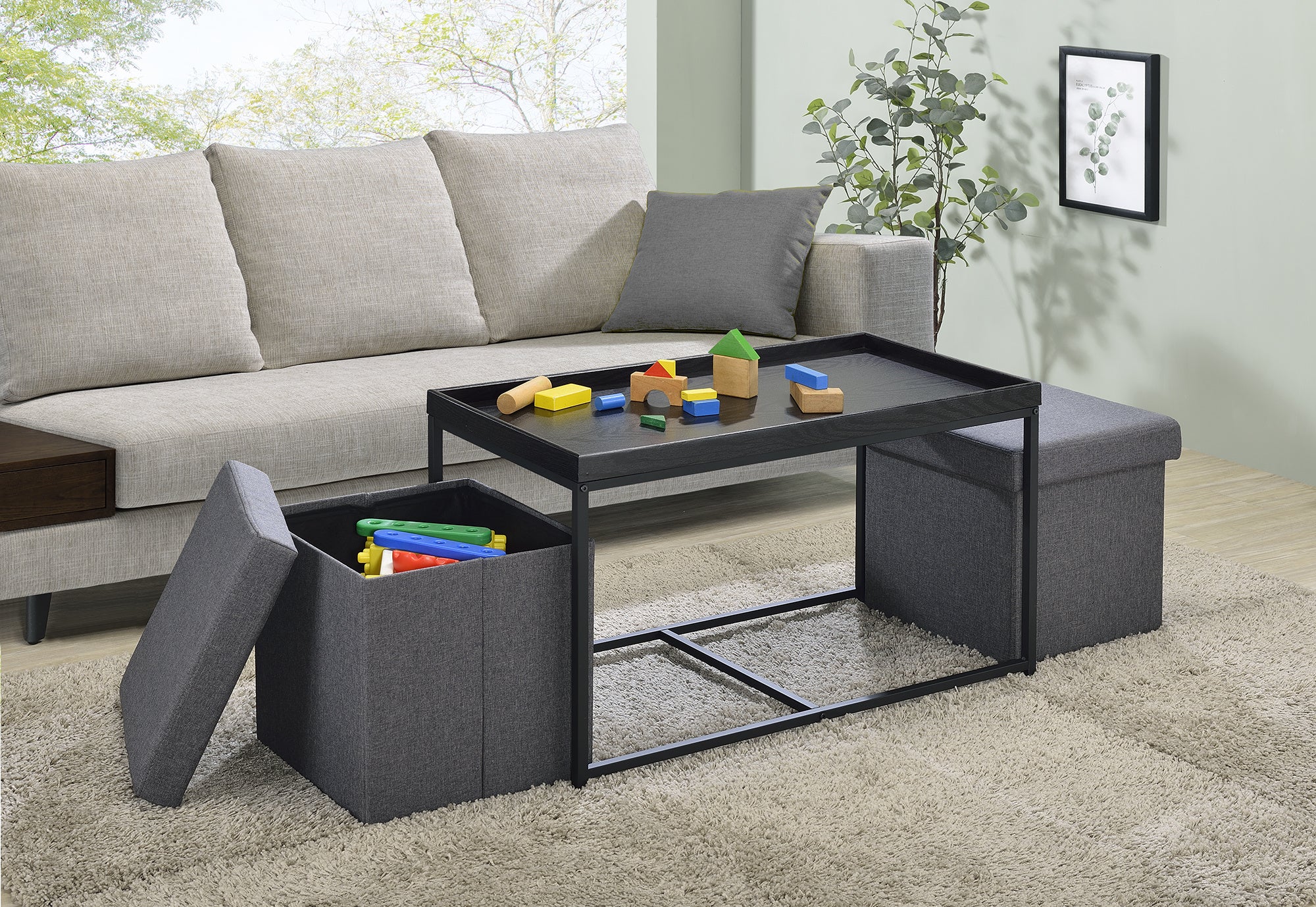 Monty Black Wood Grain 3 Piece Coffee Table Set with Raised Edges