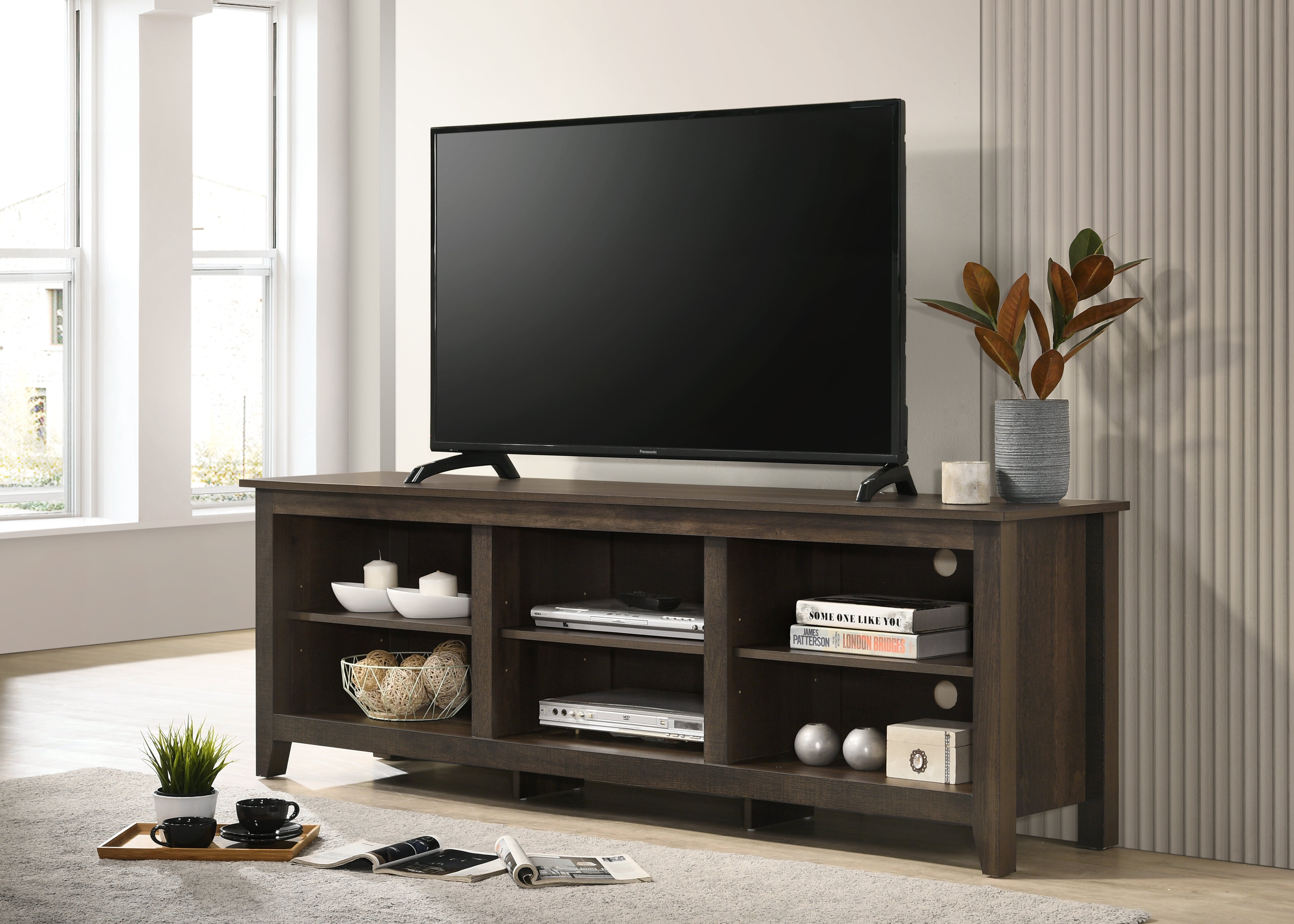 Benito Dark Dusty Brown 70" Wide TV Stand with Open Shelves and Cable Management