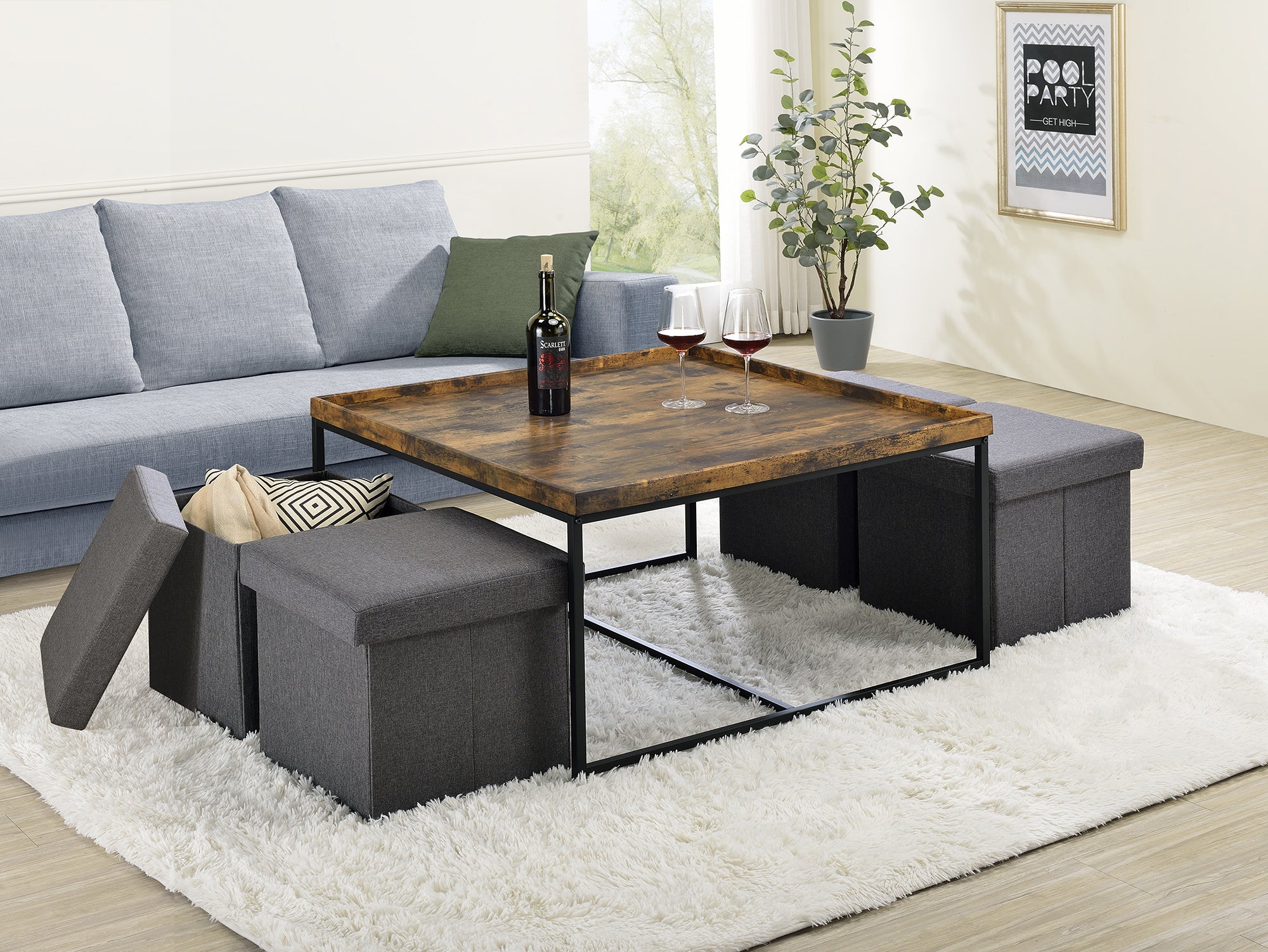 Vinny Weathered Oak Wood Grain 5 Piece Coffee Table Set with Raised Edges