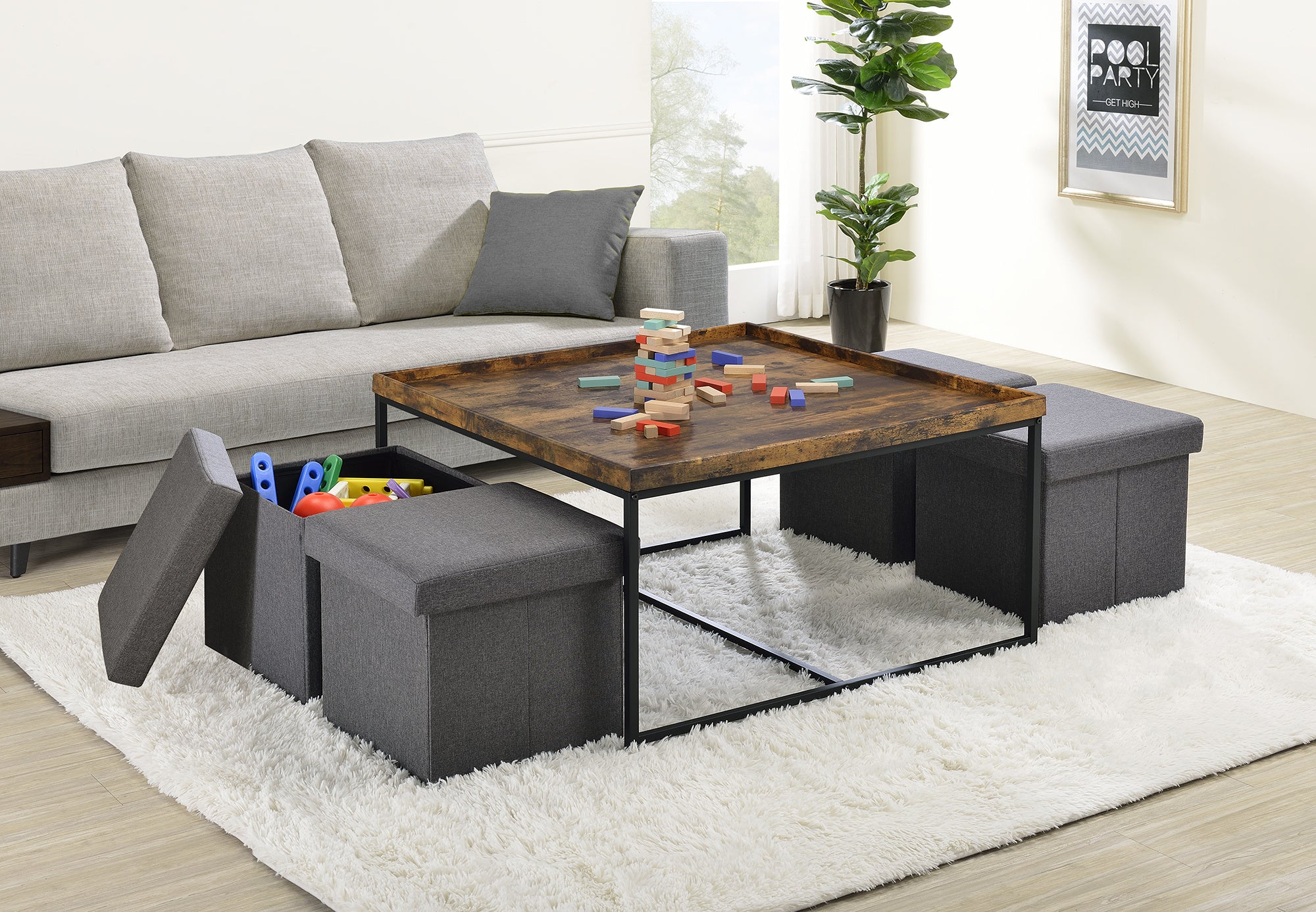 Vinny Weathered Oak Wood Grain 5 Piece Coffee Table Set with Raised Edges