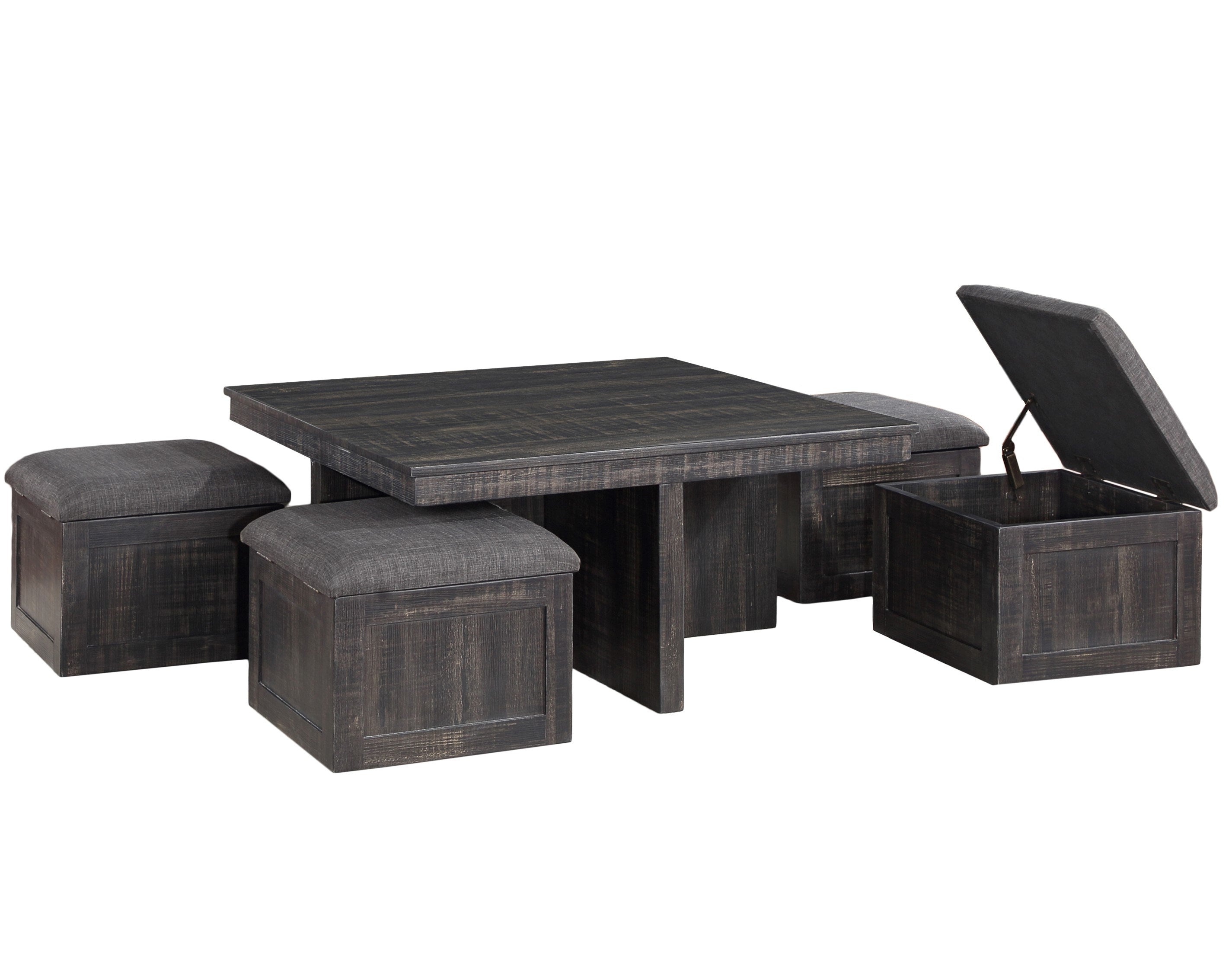 Moseberg Gray Oak Coffee Table with Storage Stools