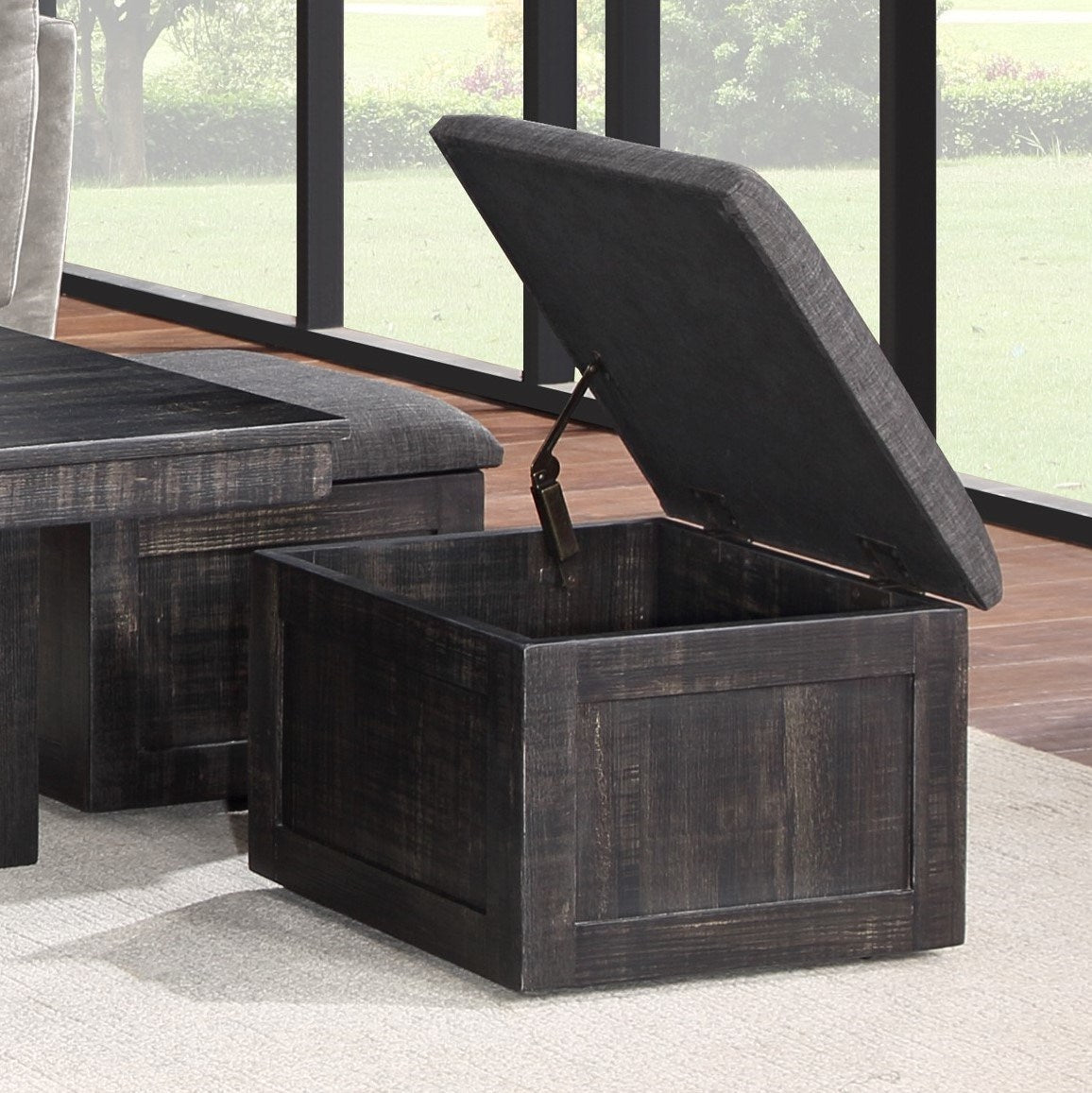 Moseberg Gray Oak Coffee Table with Storage Stools