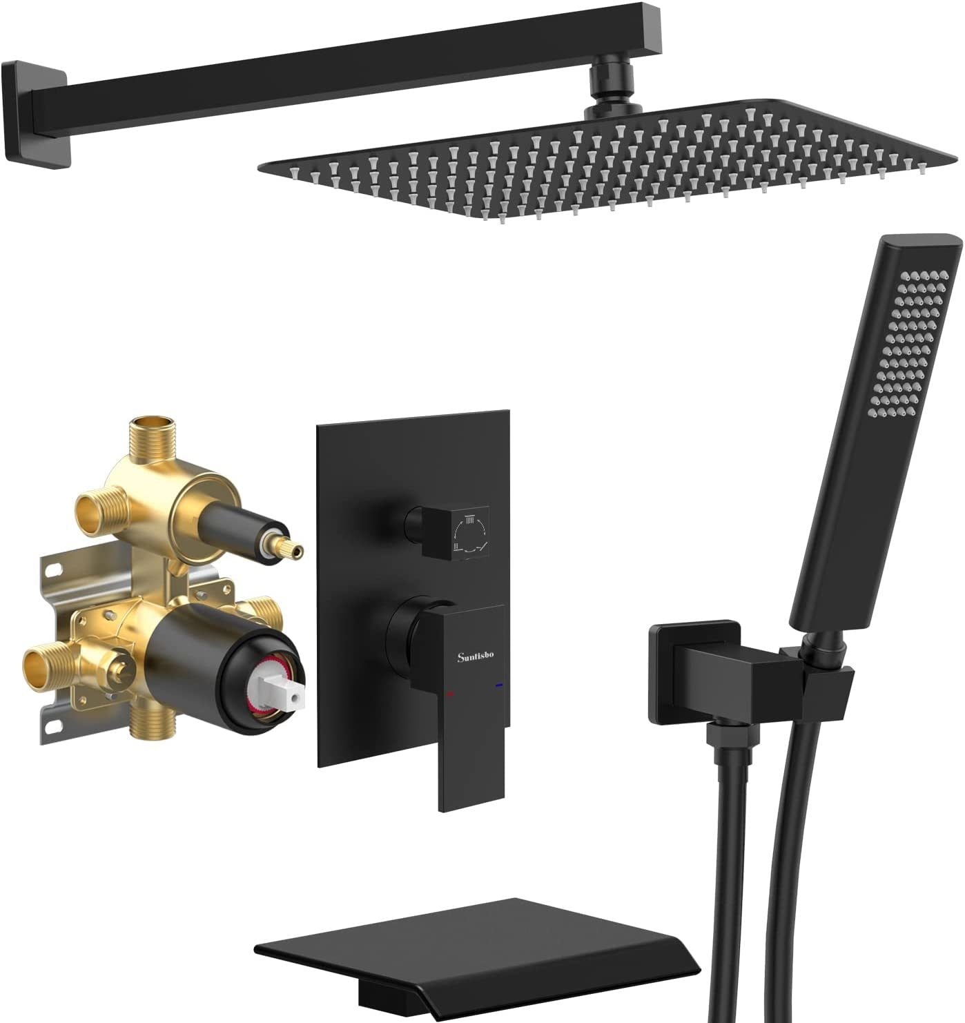 Male NPT Waterfall Tub and Shower Faucet Set, Suntisbo 10-Inch Matte Black Rain Shower System