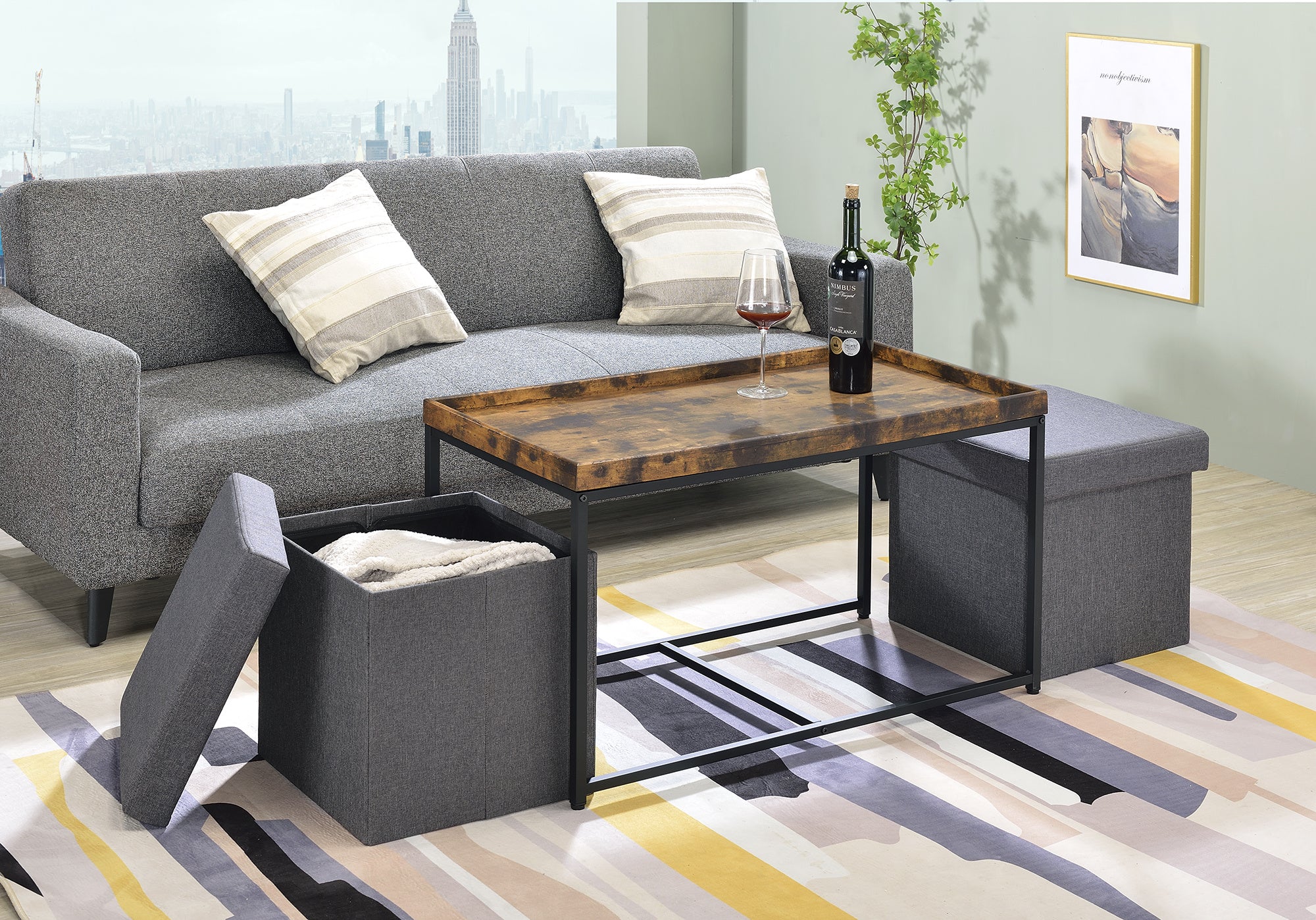 Monty 35" Weathered Oak Wood Grain 3 Piece Coffee Table Set with Raised Edges