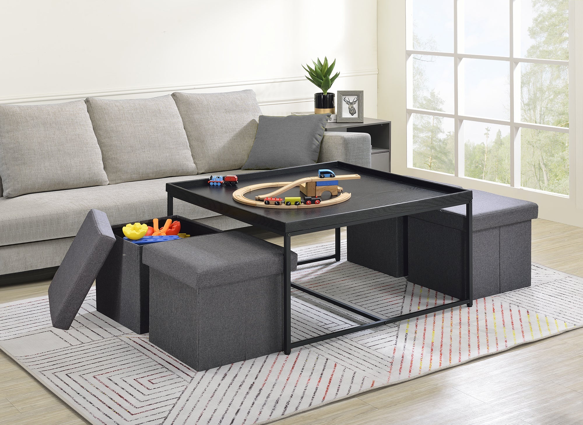 Vinny Black Wood Grain 5 Piece Coffee Table Set with Raised Edges