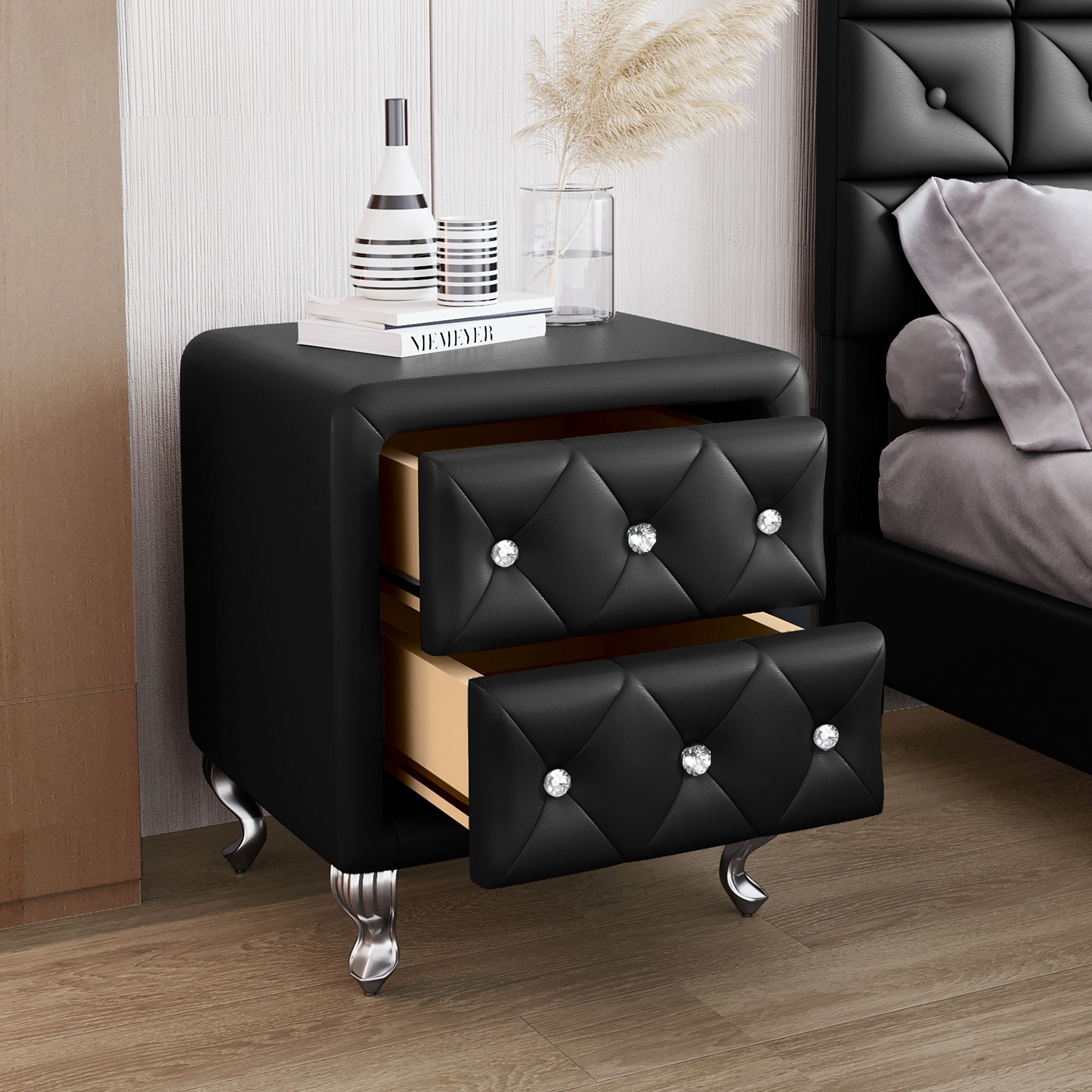 Elegant PU Nightstand with 2 Drawers and Crystal Handle,Fully Assembled Except Legs&Handles,Storage Bedside Table with Metal Legs - Black