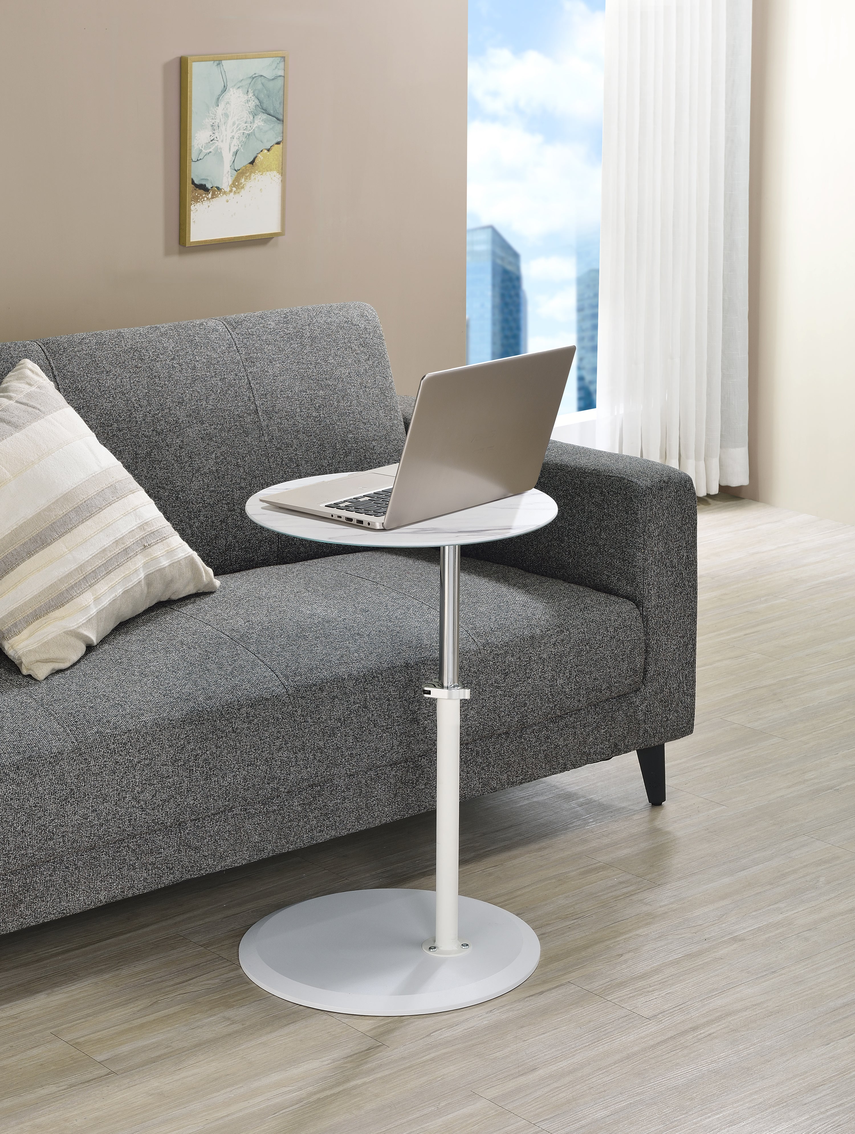 Orbit 15.5" End Table with Height Adjustable White Marble Textured Top