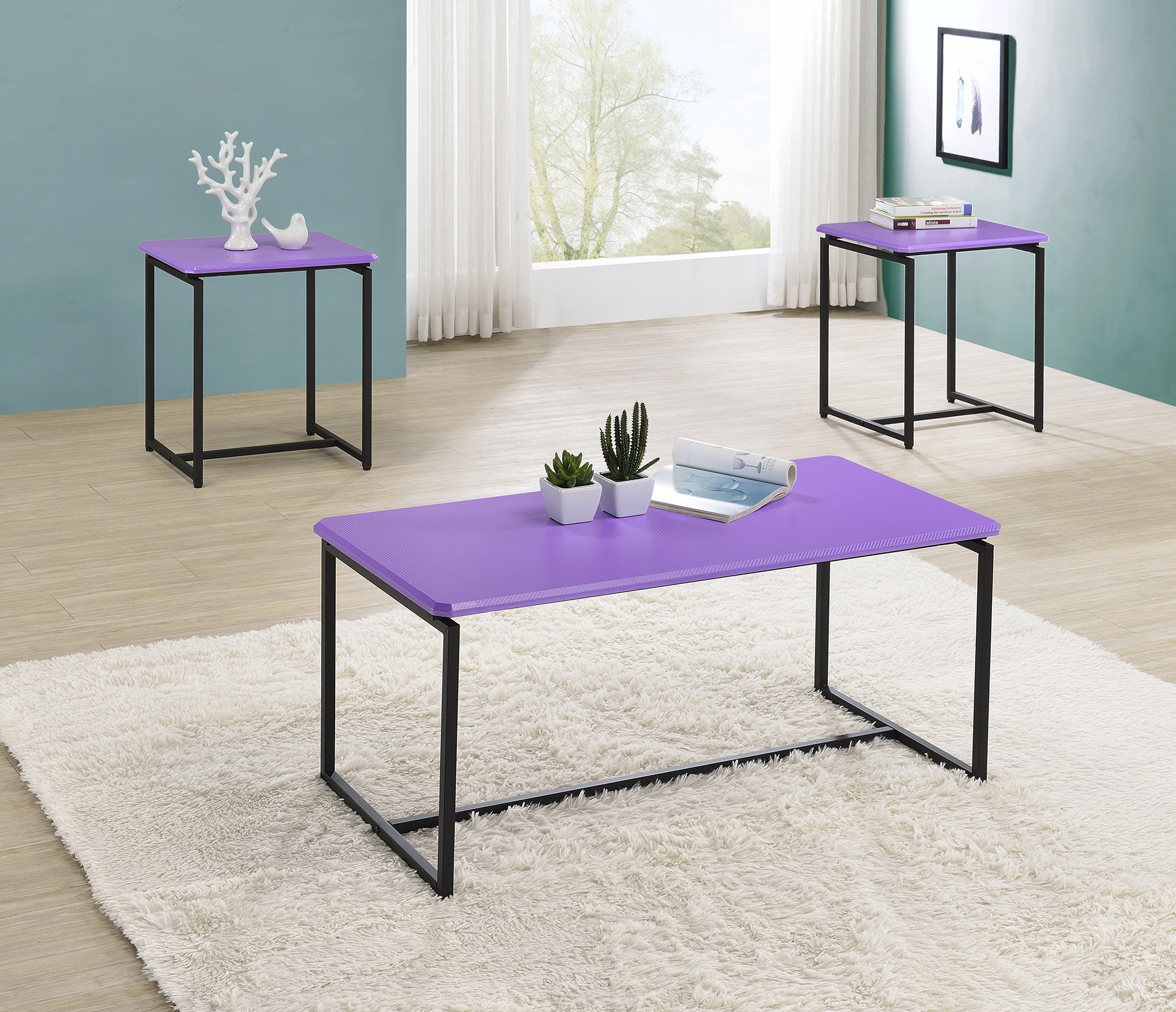 GT 3 Piece Violet Carbon Fiber Wrap Coffee Table and End Table Set