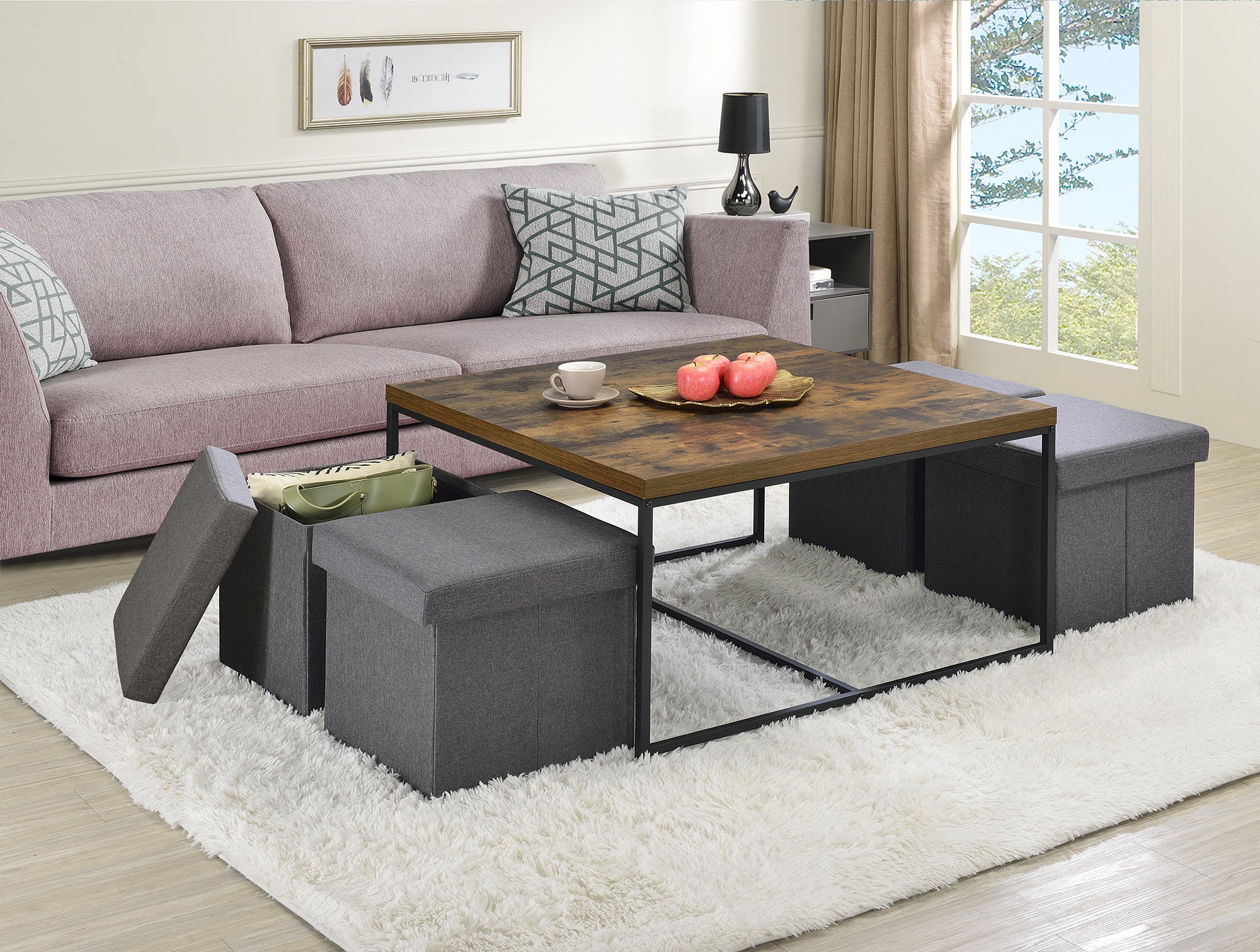 Caitlin Weathered Oak Wood Grain 5 Piece Coffee Table Set