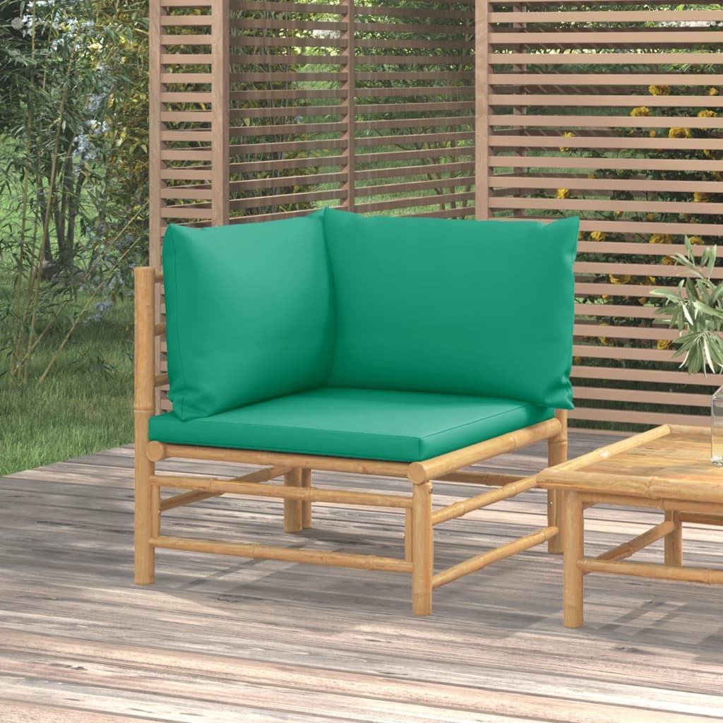 Patio Corner Sofa with Green Cushions Bamboo