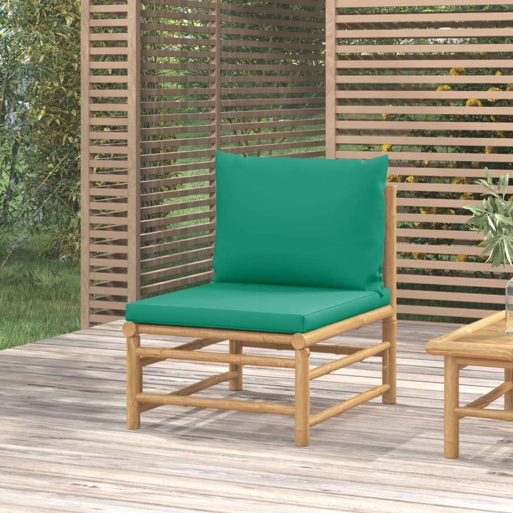 Patio Middle Sofa with Green Cushions Bamboo