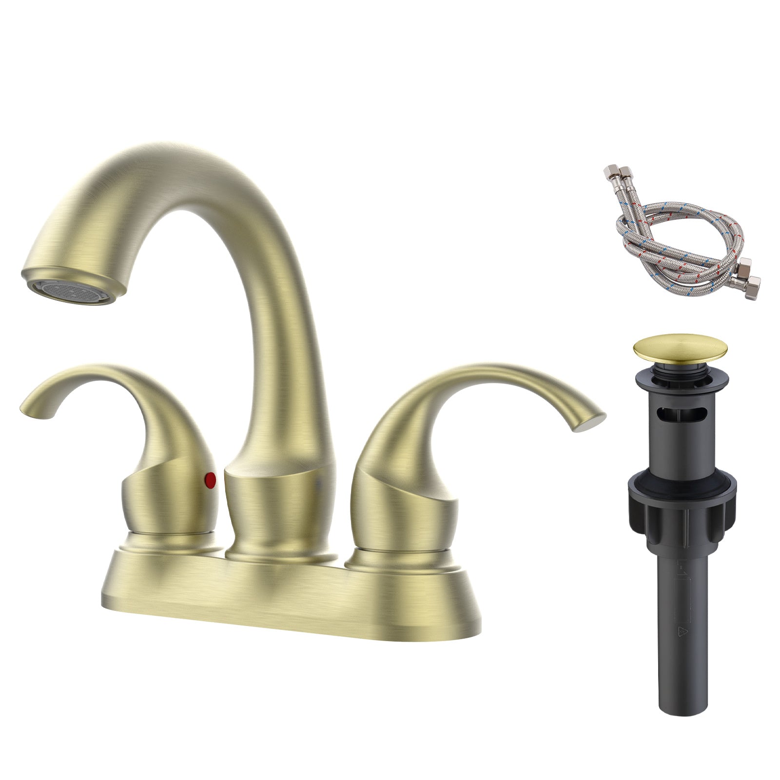 Bathroom Faucet 2-Handle Brushed Gold with Aerator, Swan Style 4-inch Centerset Vanity Sink with Pop-Up Drain and Supply Hoses, FR4075-BG