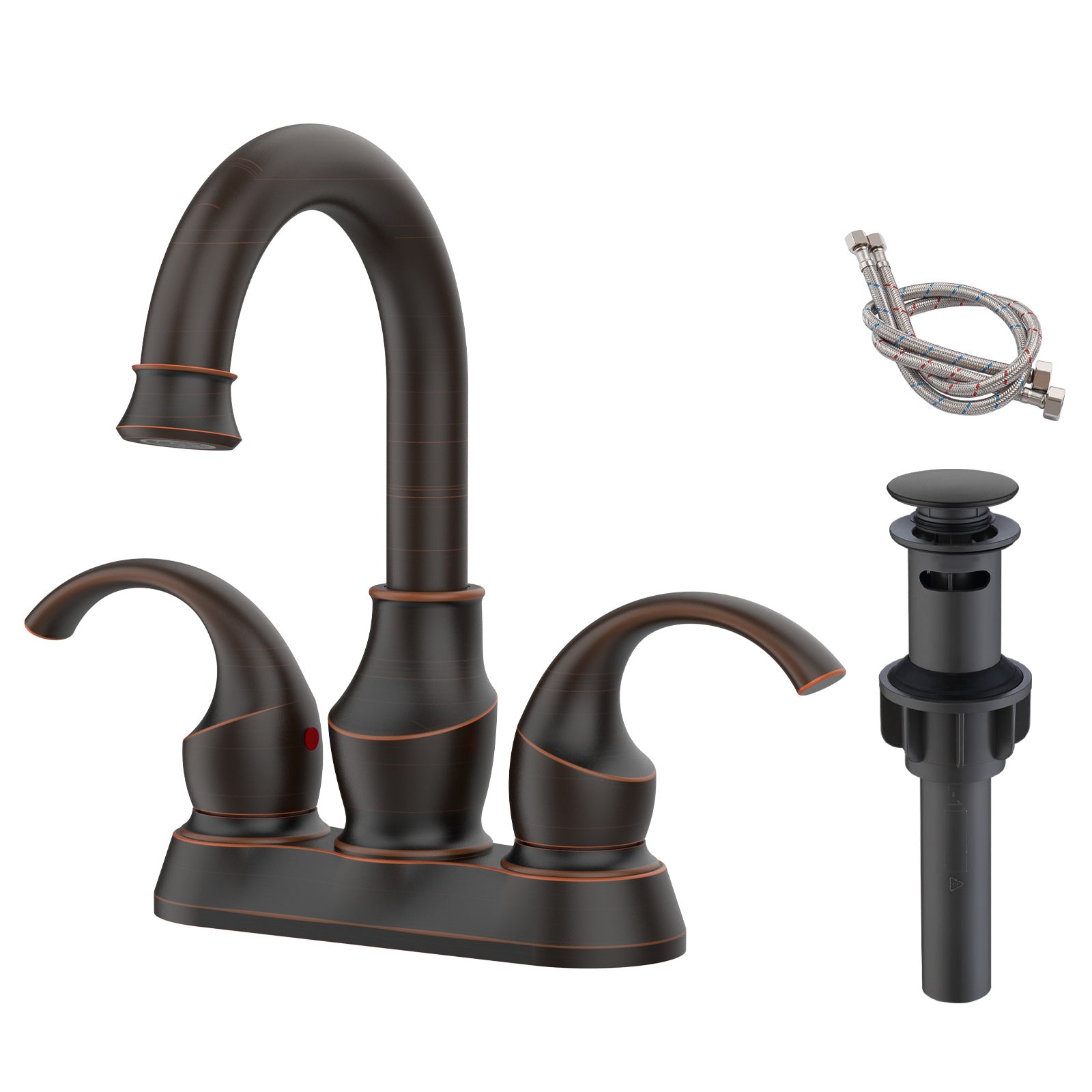 Oil Rubbed Bronze Bathroom Faucet with 2-Handle and 360 Degree Rotating Spout, Crescent Moon Style 4-inch Centerset Vanity Sink with Pop-Up Drain and Supply Hoses, FR4090-ORB