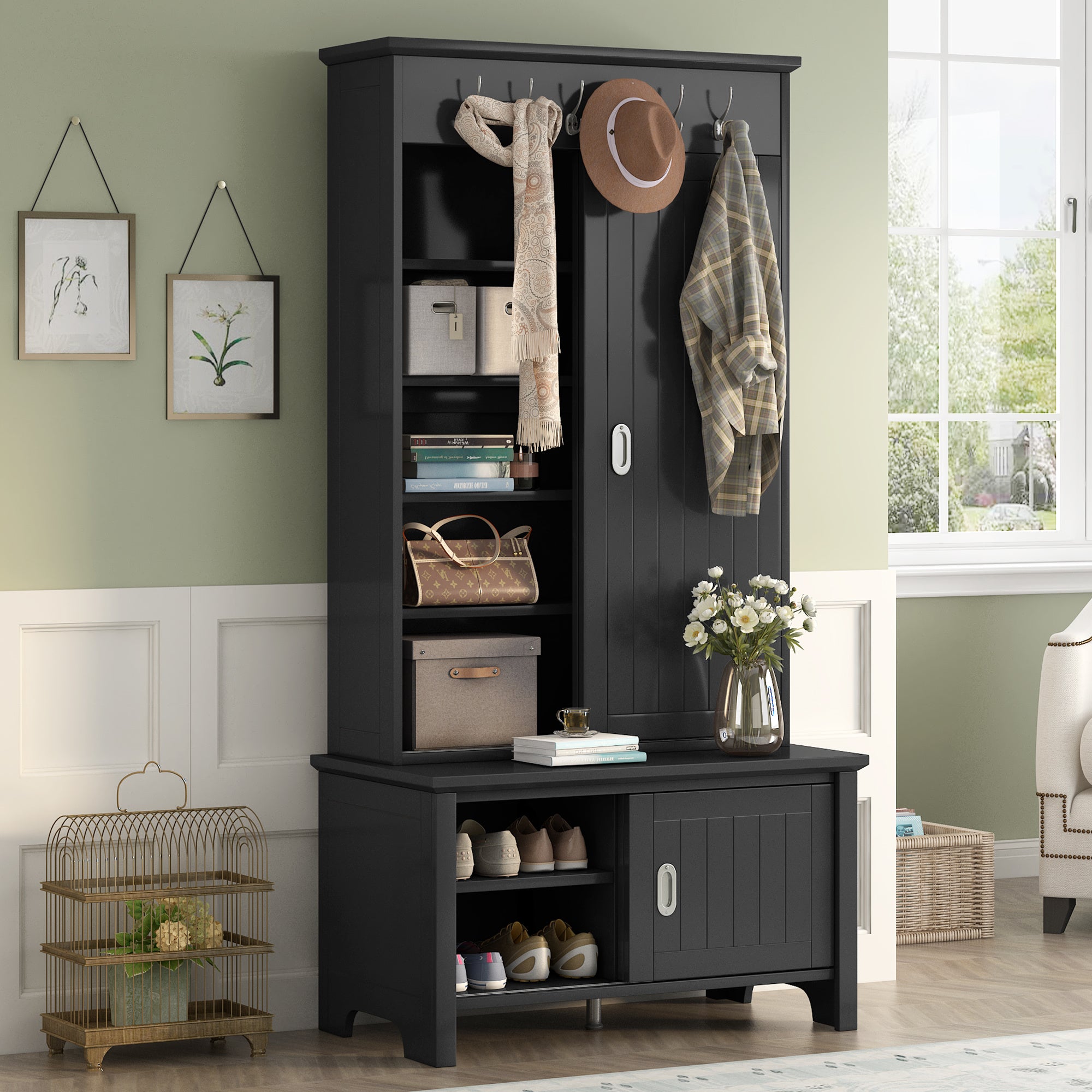 ON-TREND Multifunctional Hall Tree with Sliding Doors, Wooden Hallway Shoe Cabinet with Storage Bench and Shelves, Mudroom Coat Storage with Hanging Hooks for Entryways, Black