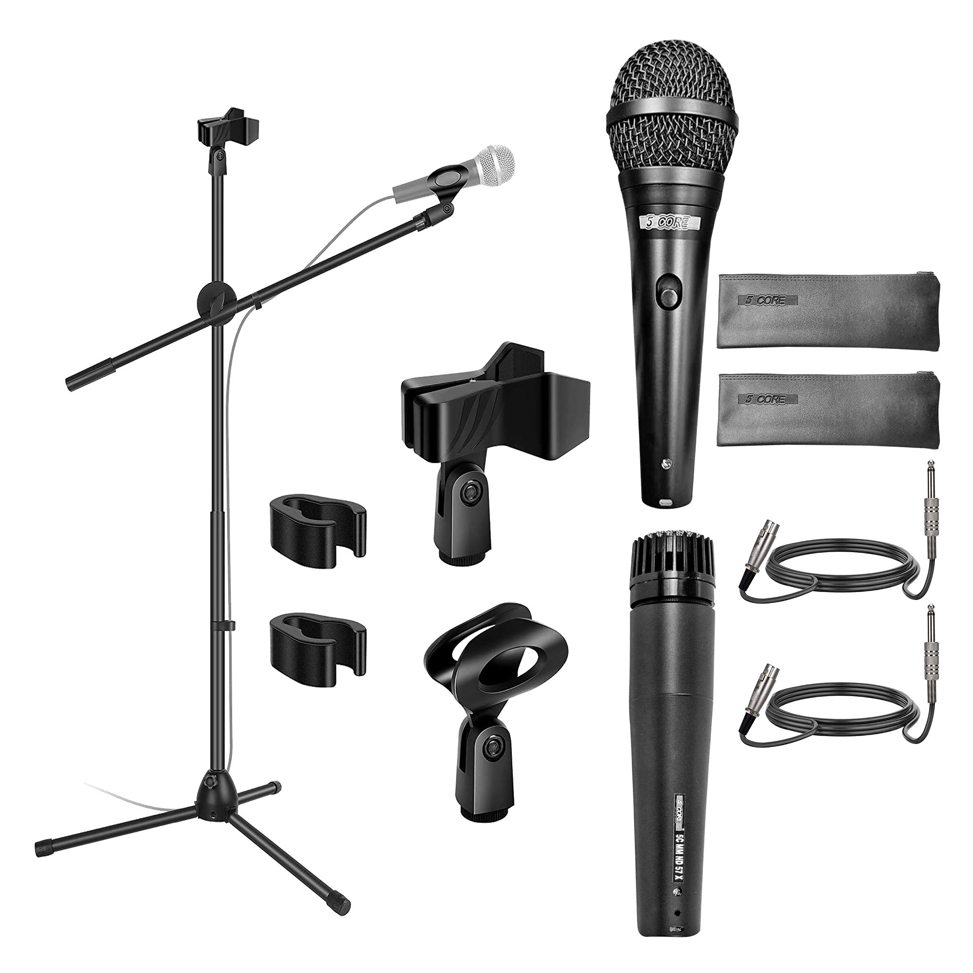 5 Core Handheld Dynamic Microphone with Tripod Mic Stand - Stage Performance Kit, Pair Unidirectional Vocal High-End Metal Mic w/ 2 x Carry Bag, Holder/Clip & 16ft XLR - Perfect for Onstage Black