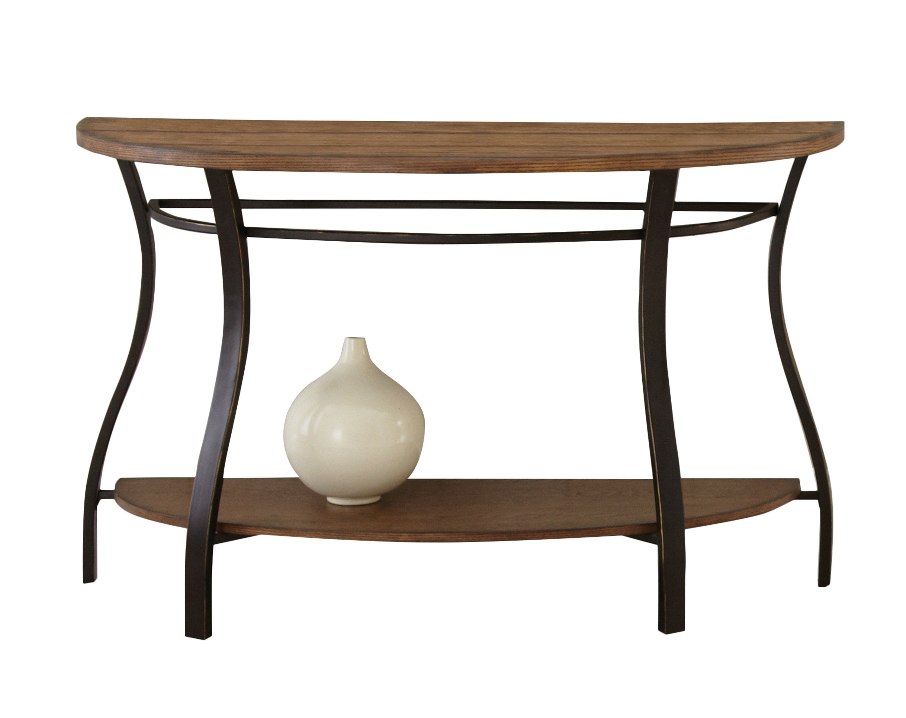 Modern Curves Sofa Table - Barn Board-Look Wood Top, Oak Finish - Charming Addition to Your Living Room