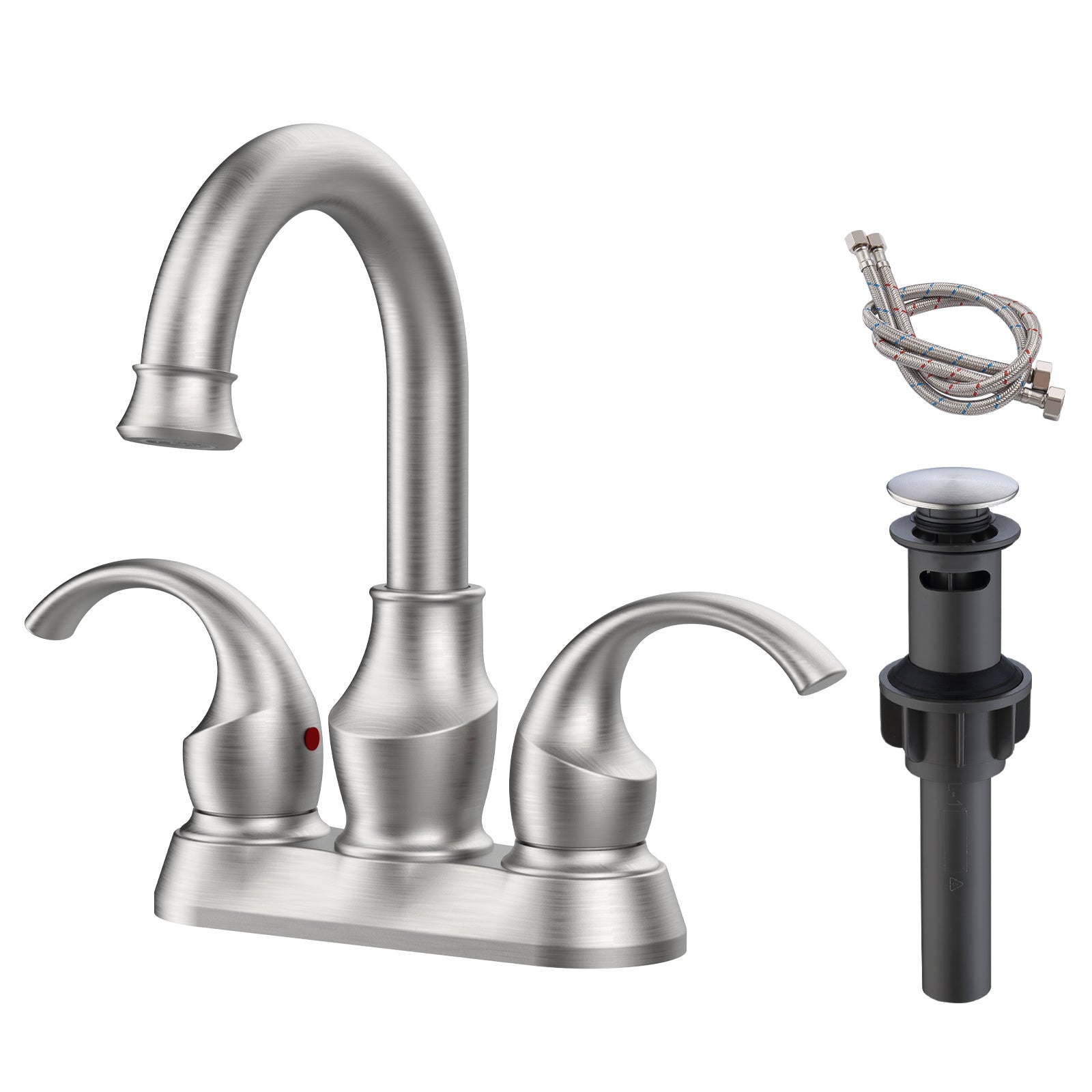 Bathroom Faucet 2-Handle Brushed Nickel with 360 Degree Rotating Spout, Crescent Moon Style 4-inch Centerset Vanity Sink with Pop-Up Drain and Supply Hoses, FR4090-NP