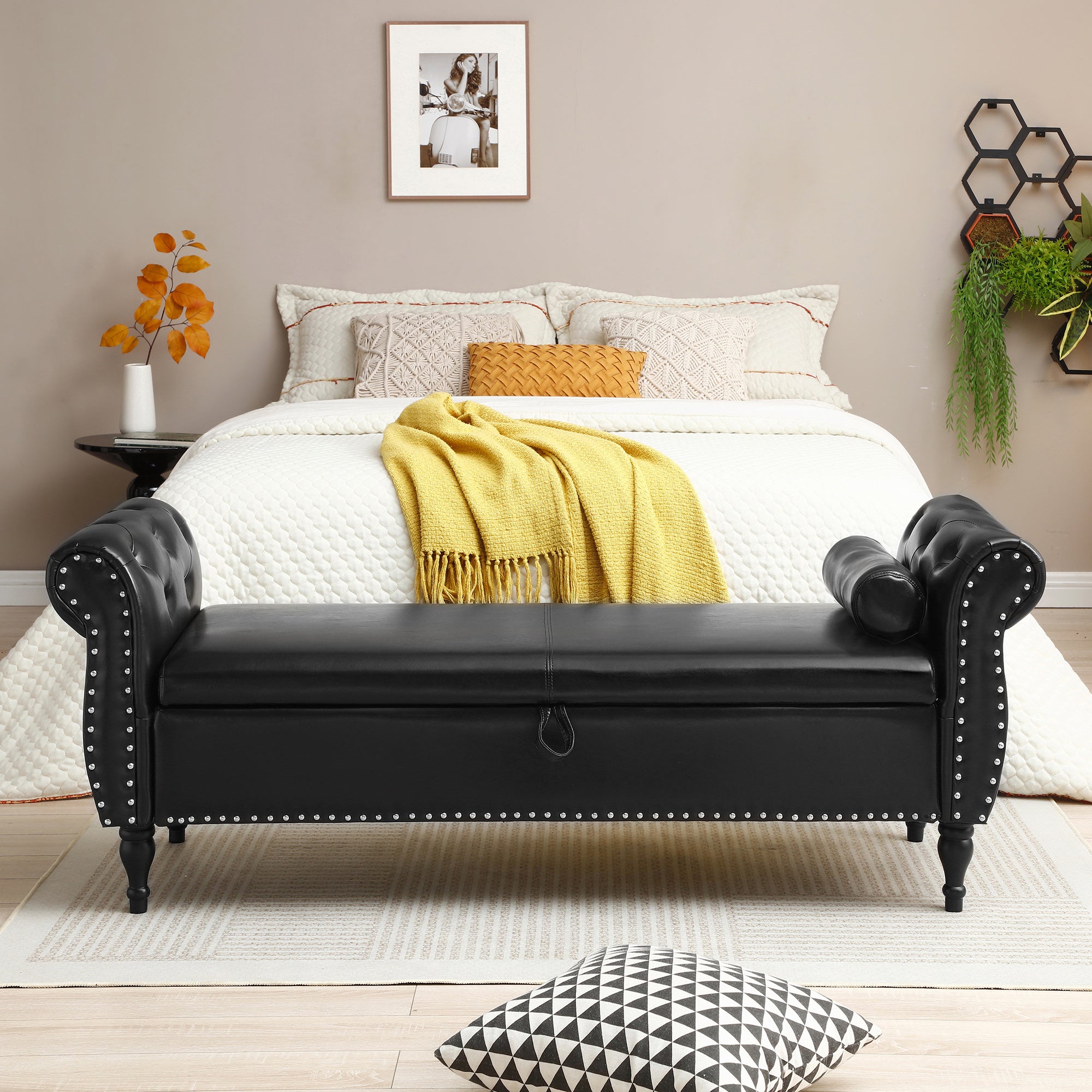 63" PU Upholstered End of Bed Bench Flip Top Entryway Ottoman with Safety Hinge Storage Rectangular Sofa Stool Buttons Tufted Nailhead Trimmed Solid Wood Legs with 1 Pillow,Black