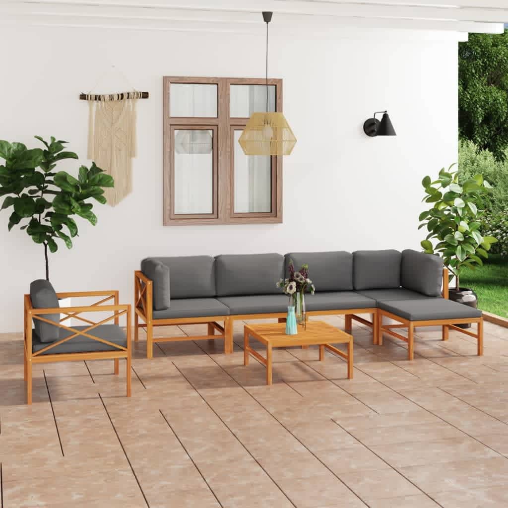 7 Piece Patio Lounge Set with Gray Cushions Solid Teak Wood